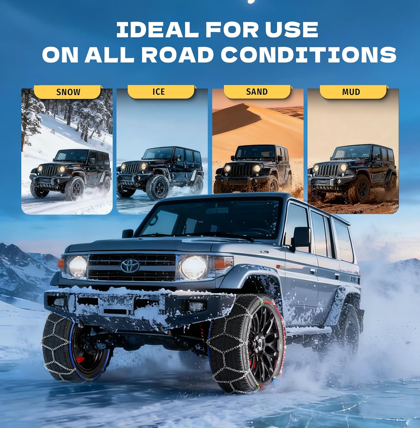 K-Musculo Snow Chains for Car Tires, Portable Reusable Universal Emergency Tire Traction Chain for Passenger Car, Auto Fixing 1 Min Quick Fit Easy Installation, Pickup Trucks and SUV Set of 2 (HYR-B)