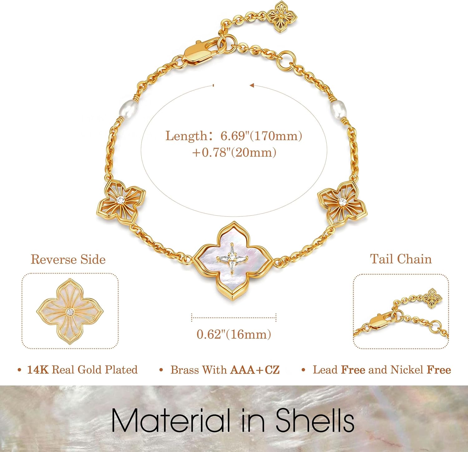 FETERO Gold Bracelets for Women Trendy, Dainty 14K Gold Plated Charm Clover Bracelet 2 Sided Lucky Pendant Cute Pearl Beaded Bracelets Link Chain Waterproof Womens Jewelry Gifts - Image 6