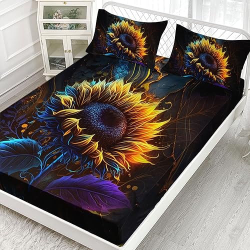 Miniatura 2 de AILONEN Juego de sábanas bajeras de girasoles tamaño individual XL, sábanas botánicas  Juego de ropa de cama de llama de girasoles ardientes para