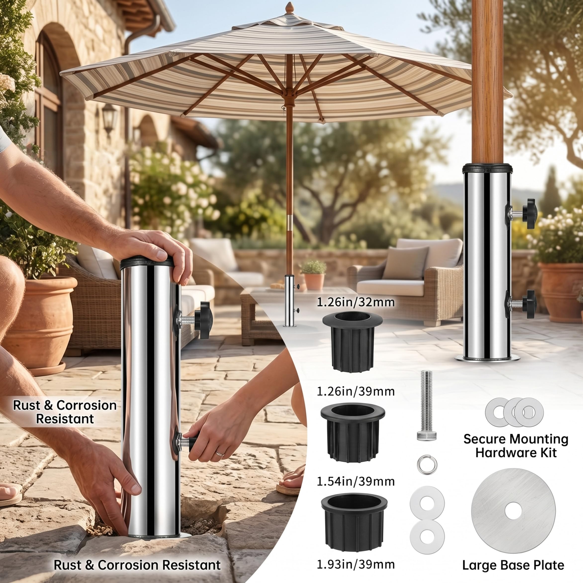 Base per ombrellone da Patio in Acciaio Inossidabile con Viti estese per Pali di Diverse Dimensioni