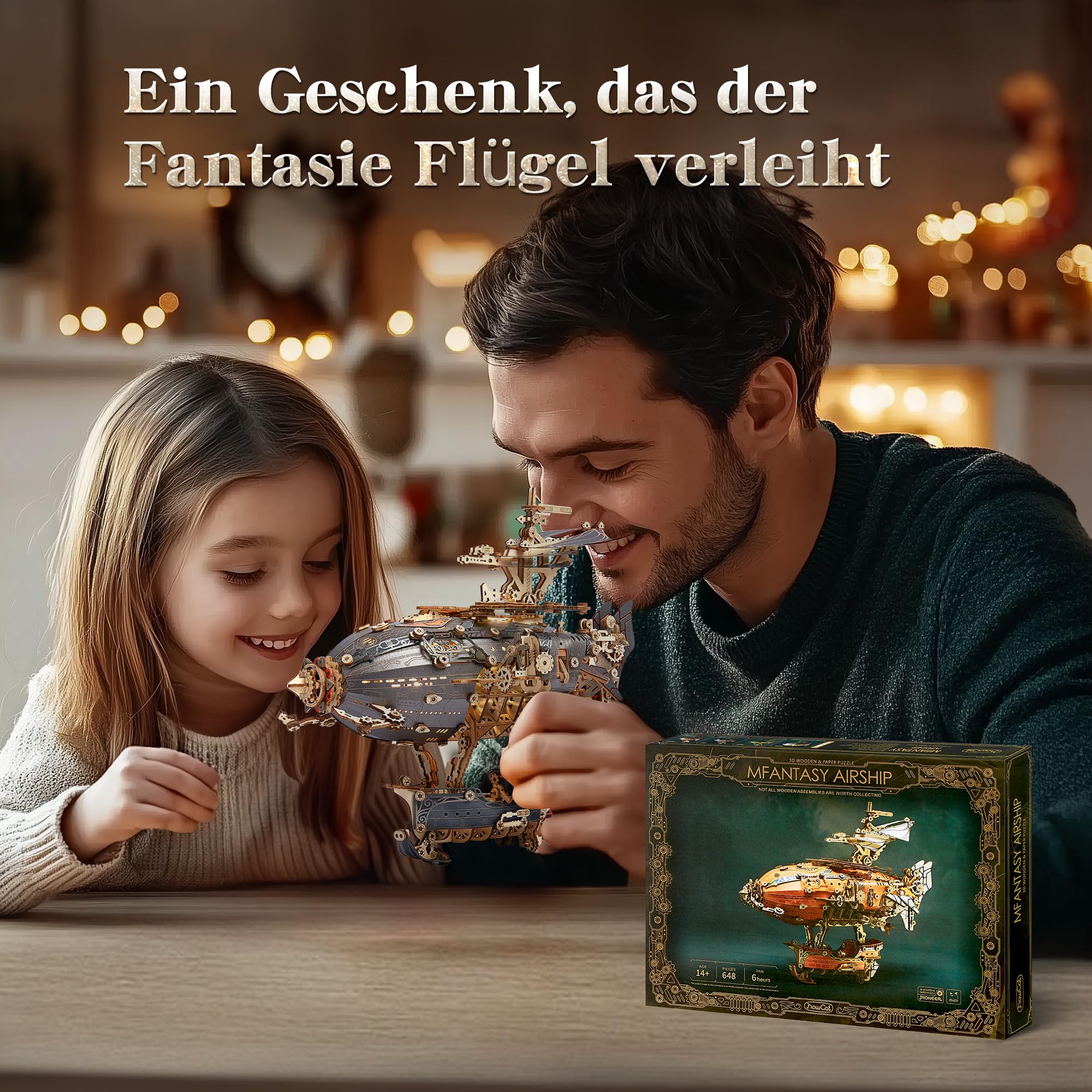 FUNPOLA LED 3D Holzpuzzle fur Erwachsene Luftschiffmodell - Steampunk DIY Bastelset mit LED-Leuchten - Holz Luftschiffmodell-Bausatz für und Erwachsene (Grau)