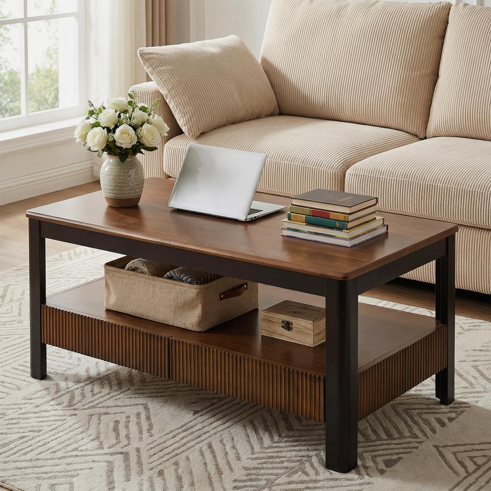 39.4" walnut solid wood coffee table for living room,mid century modern real wooden fluted coffee table with 2 drawers & open shelf storage for home office,oak rectangle