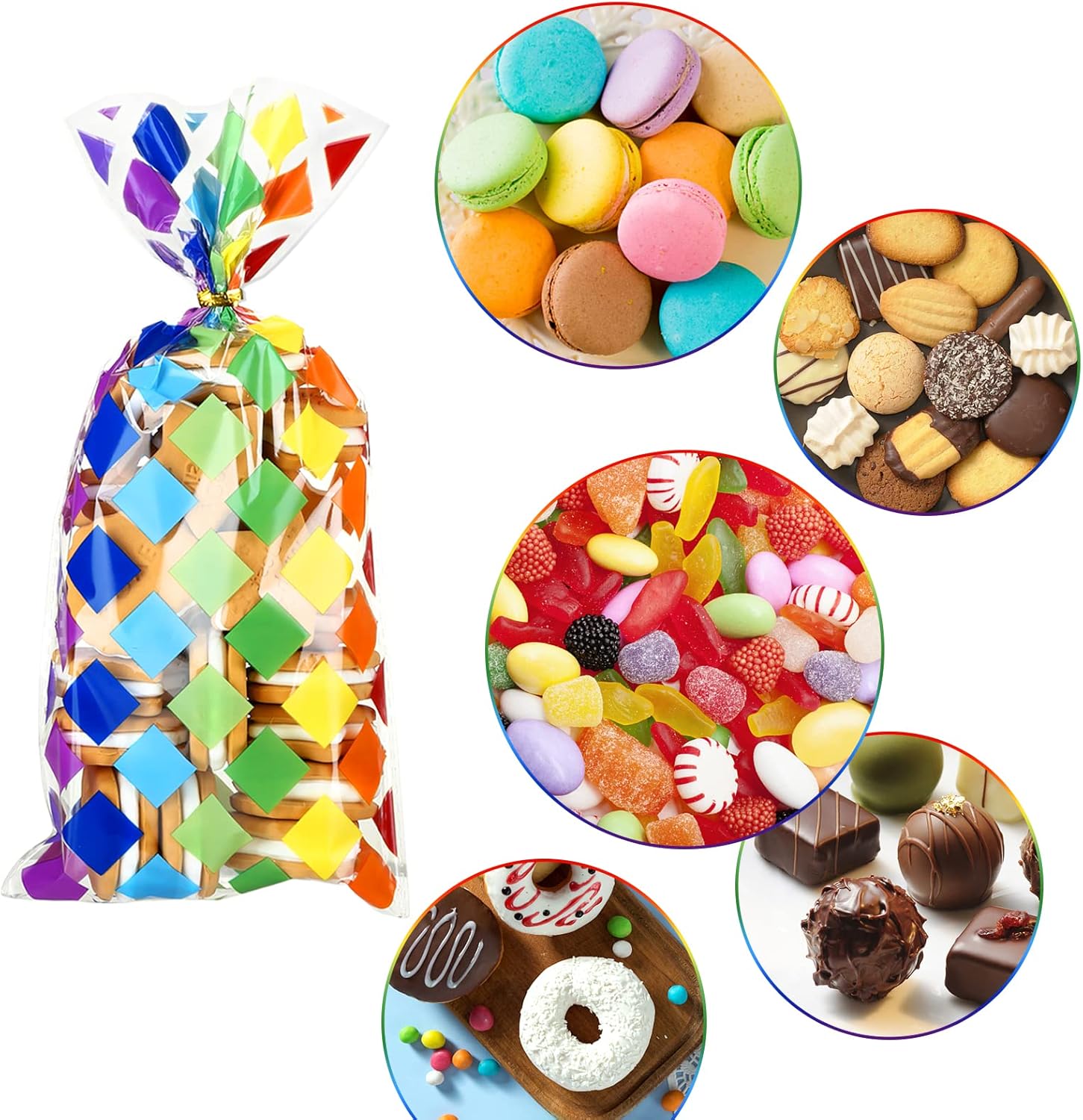 Kesote Rainbow Cellophane Treat Bags, 100 Pieces Printed Plastic Gift Goodie Candy Treat Bags with Ties for Summer Kids Birthday Party Favor Supplies - Image 4