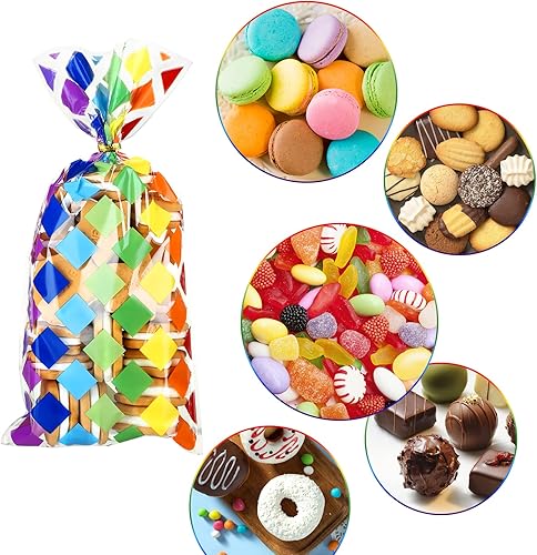 Miniatura 4 de Kesote Bolsas de celofán arcoíris, 100 piezas impresas de plástico para regalo, bolsas de dulces con lazos para verano, niños, suministros de fiesta