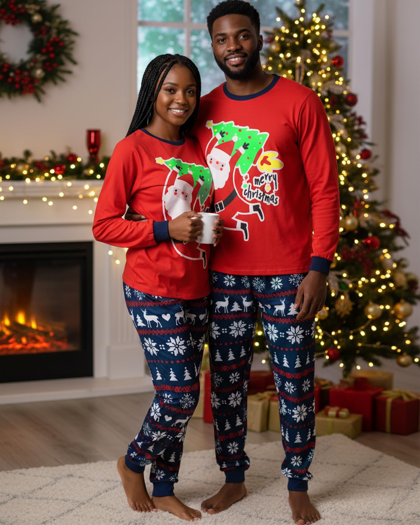 Hotfiary Ensemble de pyjama de Noël assorti pour la famille avec imprimé Père Noël, haut à manches longues et bas de pyjama à carreaux, vêtements de nuit de Noël pour femmes, hommes, adultes, enfants