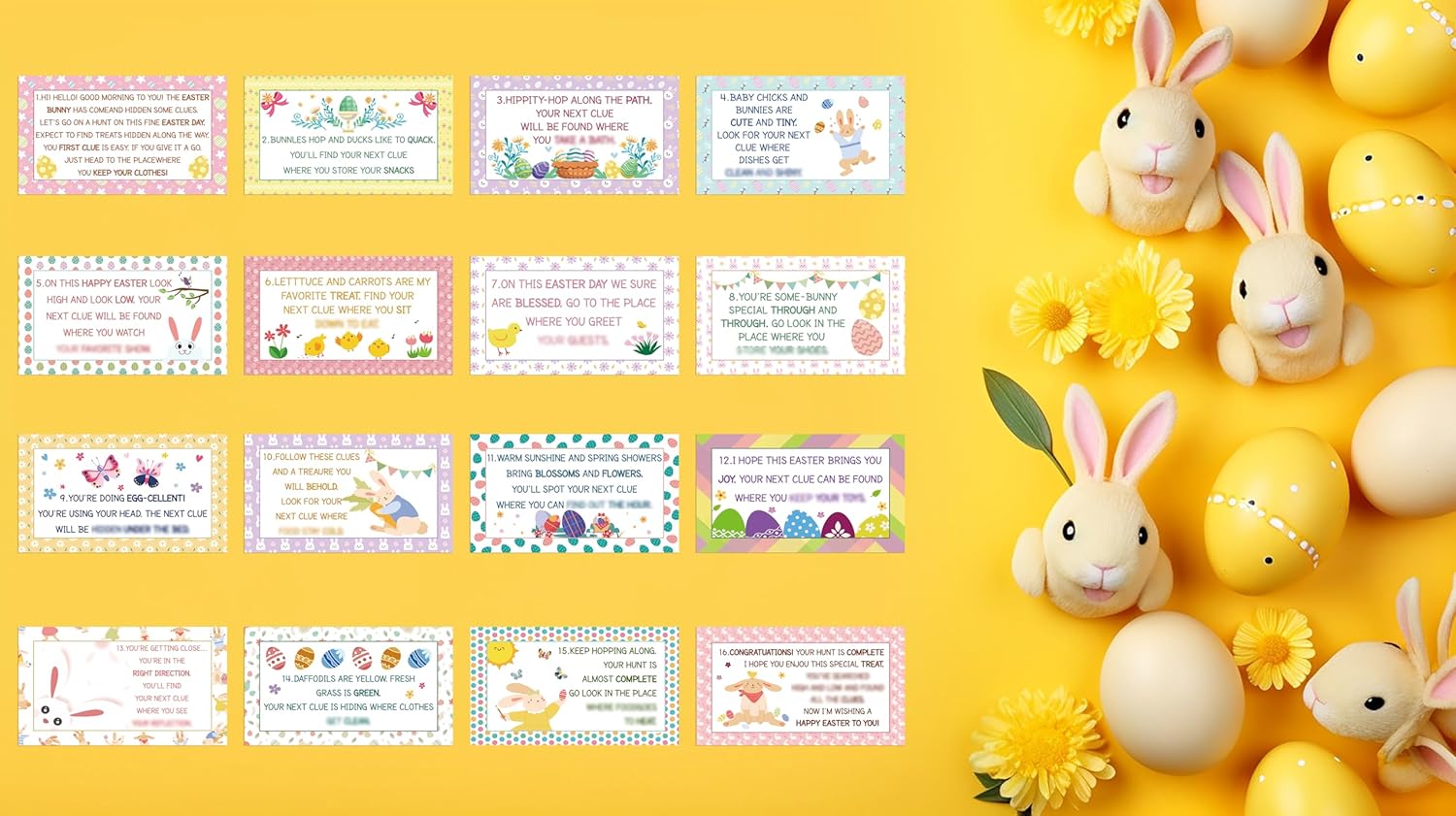 Gihyan Easter Party Games - Easter Bunny Scavenger Treasure Hunt Clues Cards - Easter Party Supplies Spring Party Decorations (16 Cards with Colourful Envelopes)-01