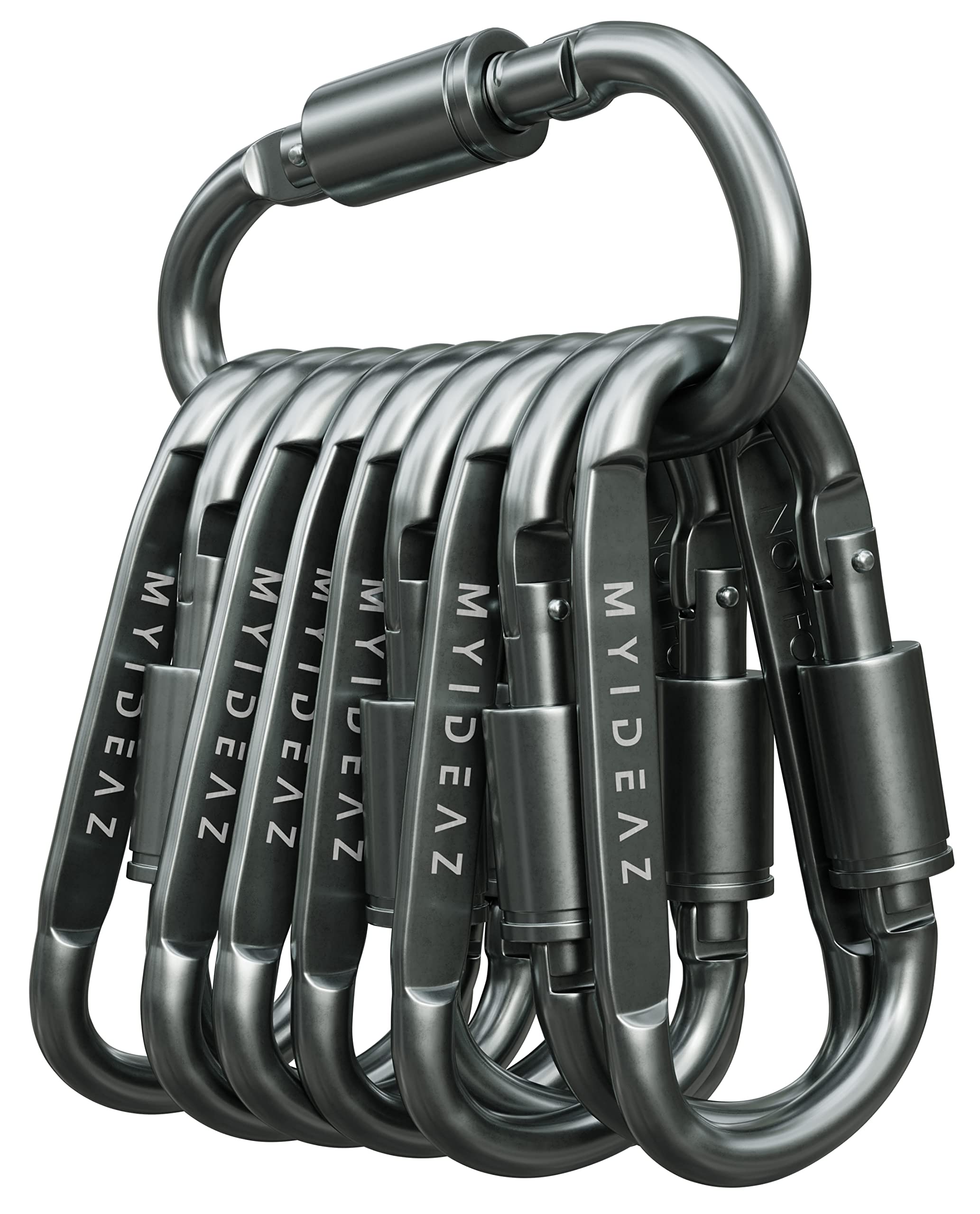 MyIdeaz carabiner 80 mm x 8 mm 22 g with screw cap, pack of 10, rust-proof, premium aluminium snap hook, screw carabiner for outdoor, hiking, key ring, camping, fishing.