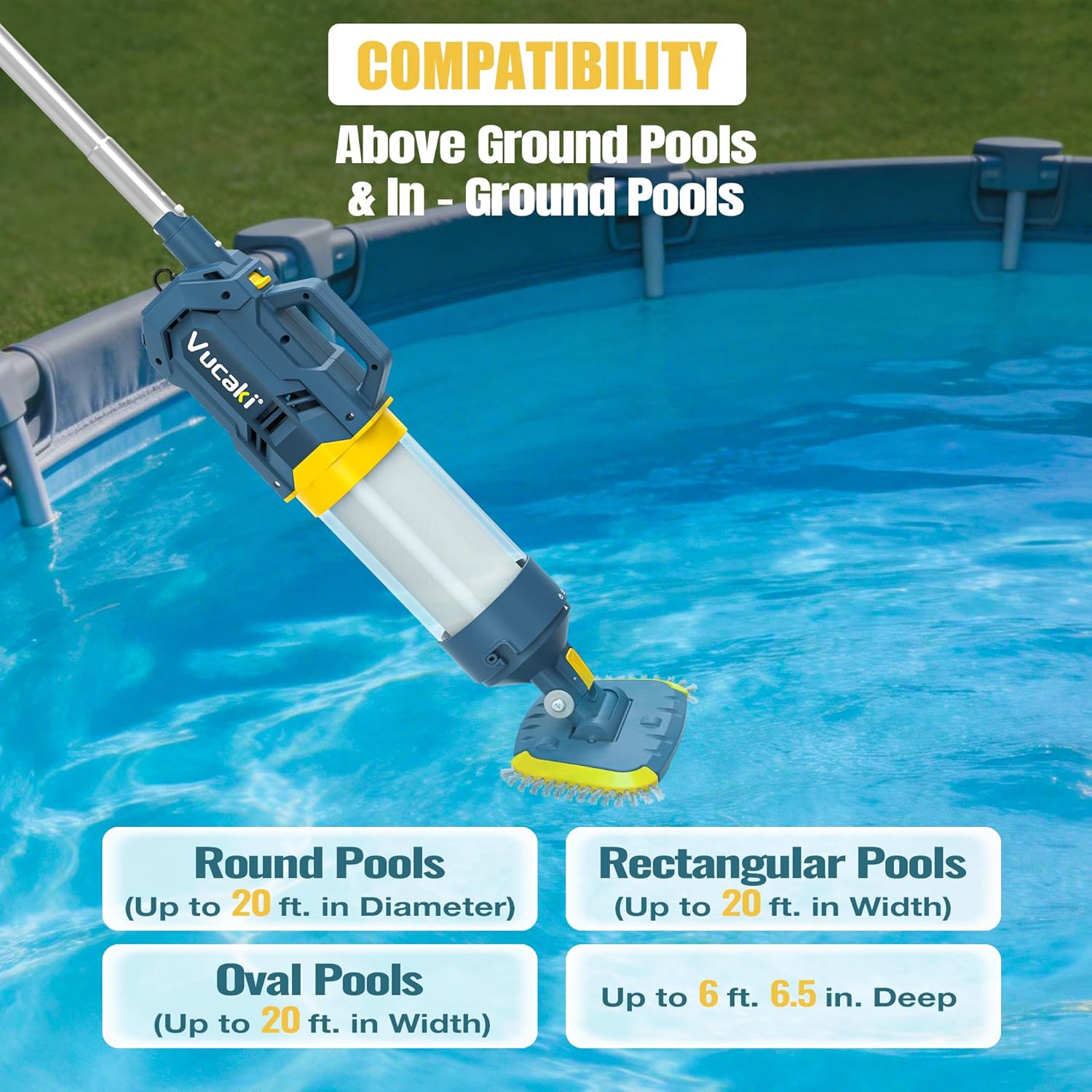 Vucaki 5-in-1 Handheld Pool Vacuum with 10.8FT Telescopic Pole – 14" Wheel Vacuum Head, 18.9GPM Suction, 70Min Runtime, Heavy Duty Pool Vacuum Cleaner for Inground & Above Ground Pools and Spas