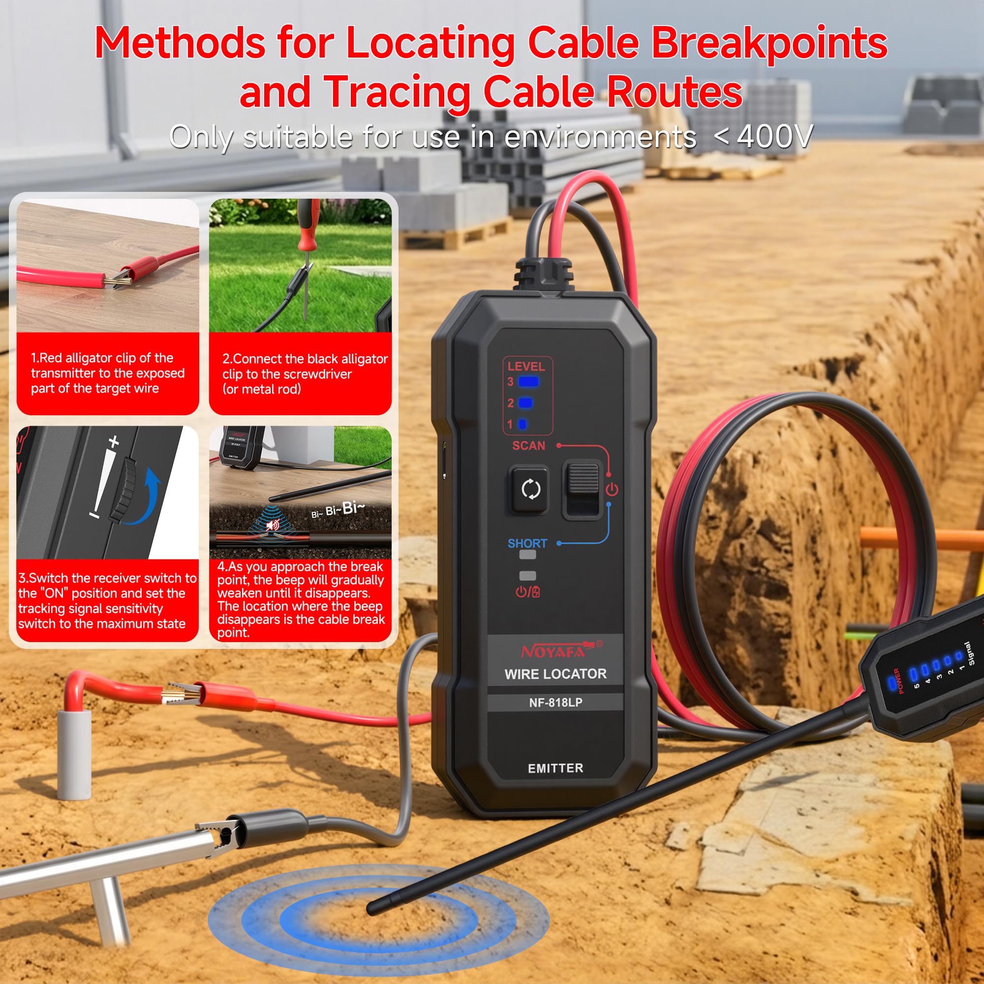 NOYAFA Localizador de cables subterráneos, localizador de cables subterráneos, trazador de cables para cercas invisibles para mascotas, trazador de circuito para cables eléctricos ocultos de pared