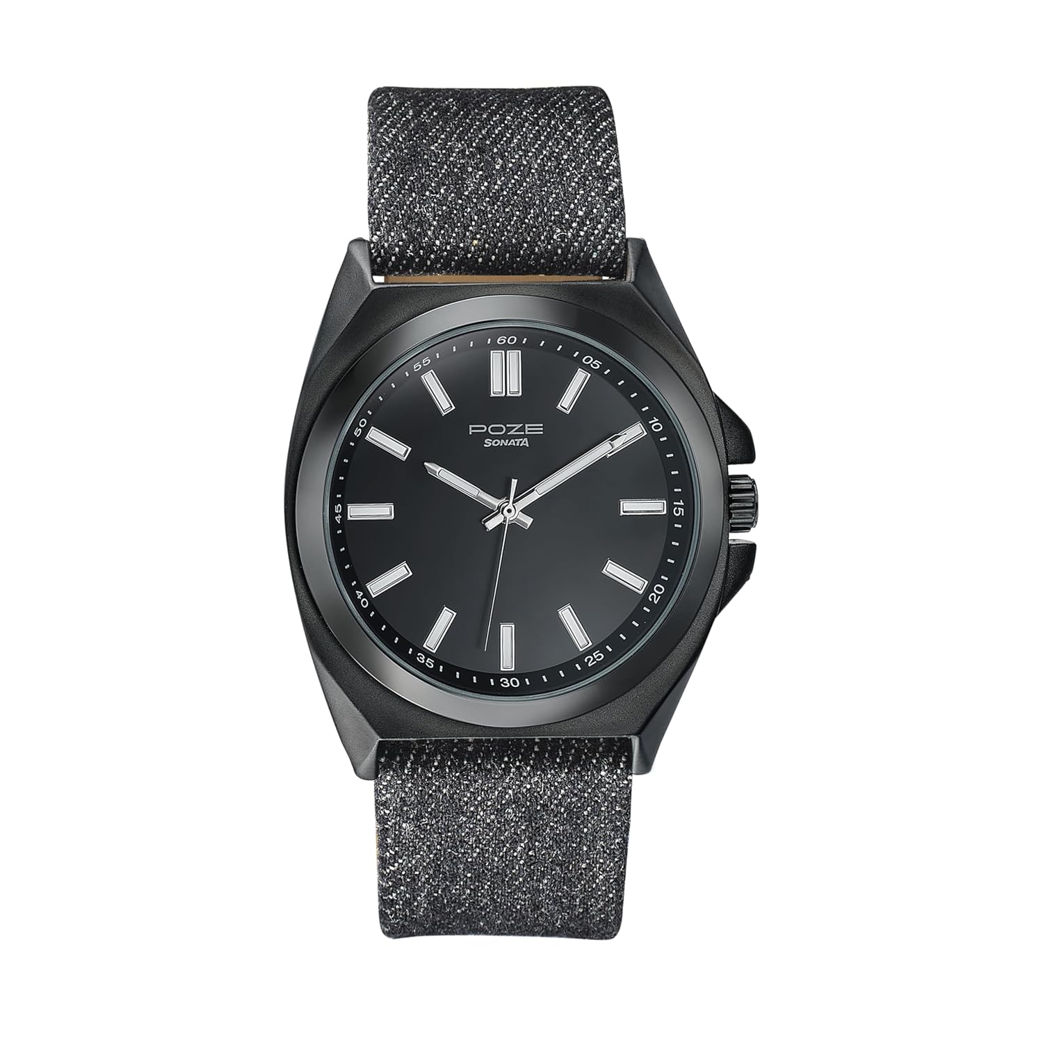 Sonata Poze 6 Strokes and Stroll Quartz Black Round Dial Men’s Watch | Denim Leather Strap Material | Watches for Men Analog – SP70081NL01 Sonata Poze 6 Strokes and Stroll Quartz Black Round Dial Men’s Watch | Denim Leather Strap Material | Watches for Men Analog – SP70081NL01
