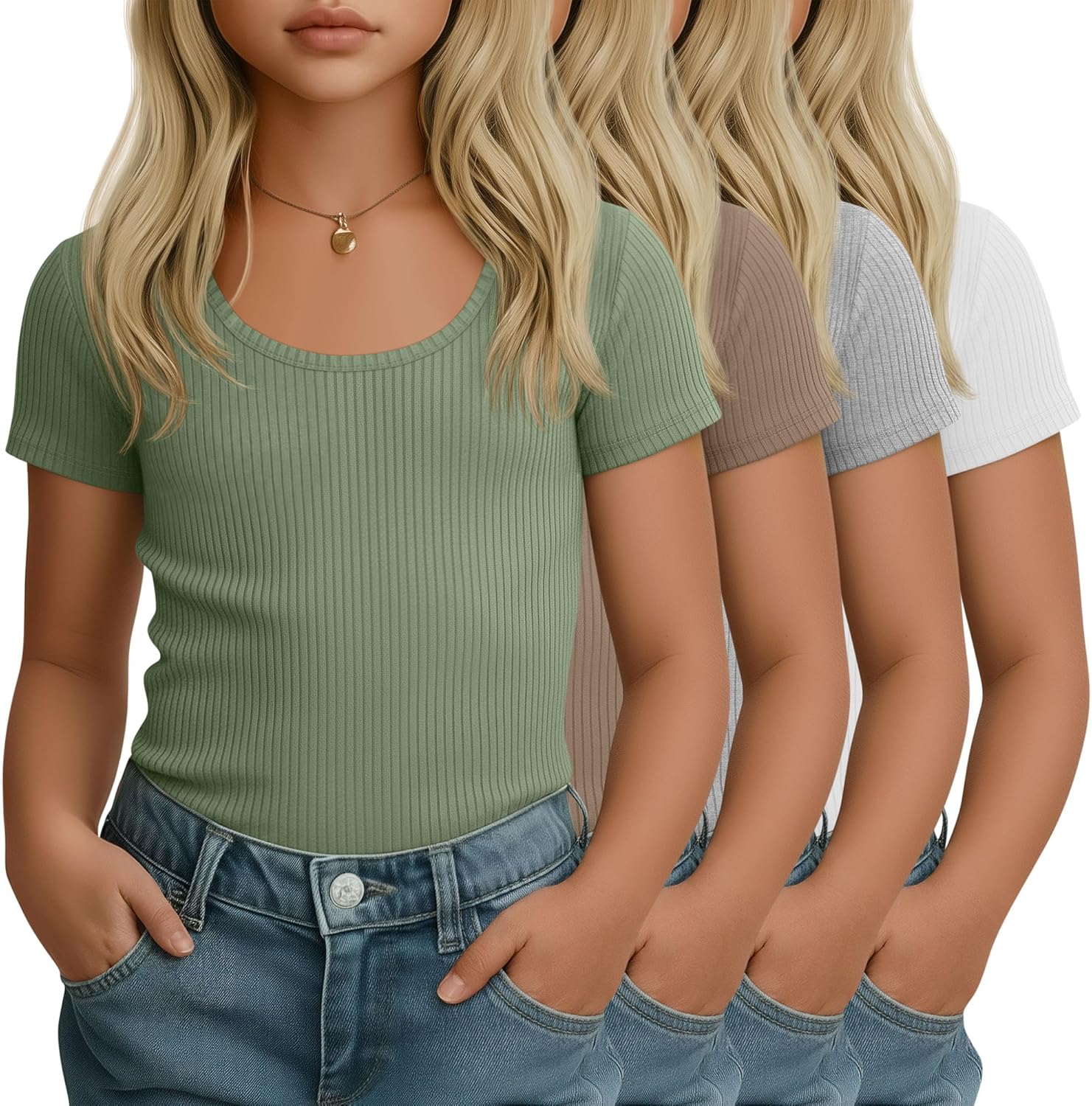 4 Pack Girls' Short Sleeve Shirts Ribbed Knit Scoop Neck T-Shirts Basic Slim Fit Casual Summer Kids Tops