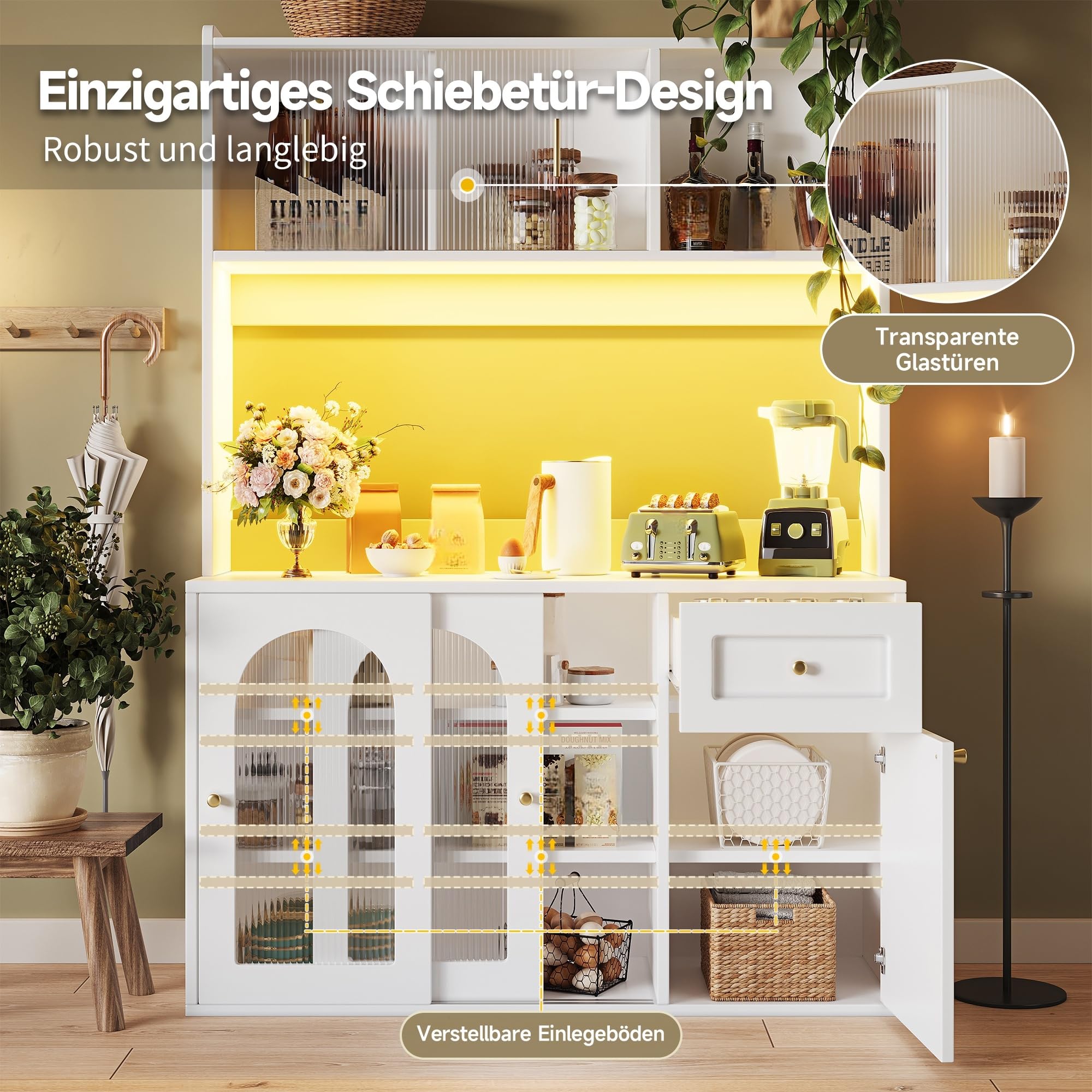 Küchenschrank mit Verstellbaren Ablagen und LED-Beleuchtung, Buffetschrank Hochschrank mit Türen und Schubladen, Küchenschränke mit Arbeitsplatte, Küchenmöbel, Weiß, 120×35×167 cm
