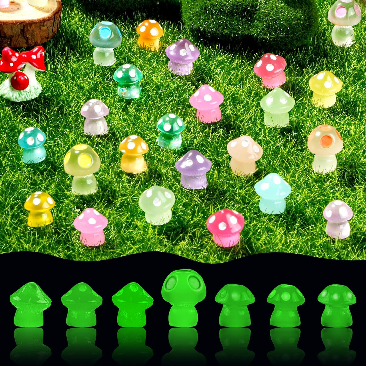 FEXIA 50pcs Mini Resin Mushrooms Little Mushroom Figures Tiny Figures Glow in the Dark for Aquariums Dollhouses Fairy Garden Mushroom Decor Landscape