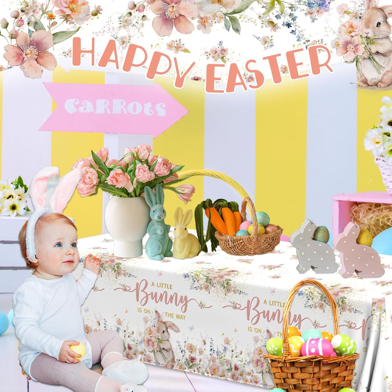 Spring Bunny Baby Shower Decorations Tablecloth, 3Pcs A Little Bunny is on The Way Table Cover, Plastic Little Rabbit Tablecloth for Easter Spring Baby Shower Supplies