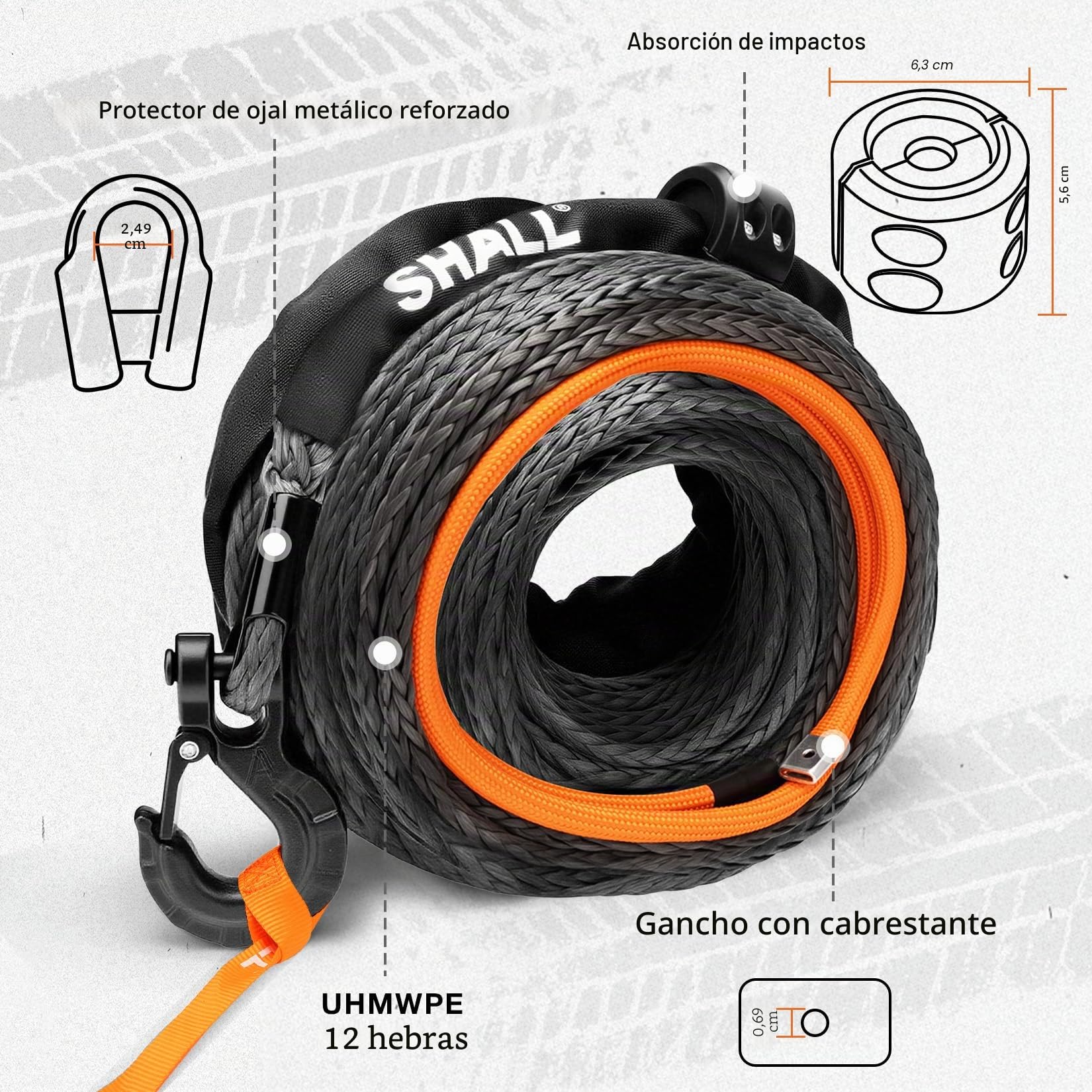 SHALL Correas y Cuerdas de Remolque, Cuerda sintética para cabrestante de 12 mm x 28 m de Largo, 16 toneladas (35500 LB), Funda Protectora, Gancho Forjado para cabrestante y Correa de Seguridad
