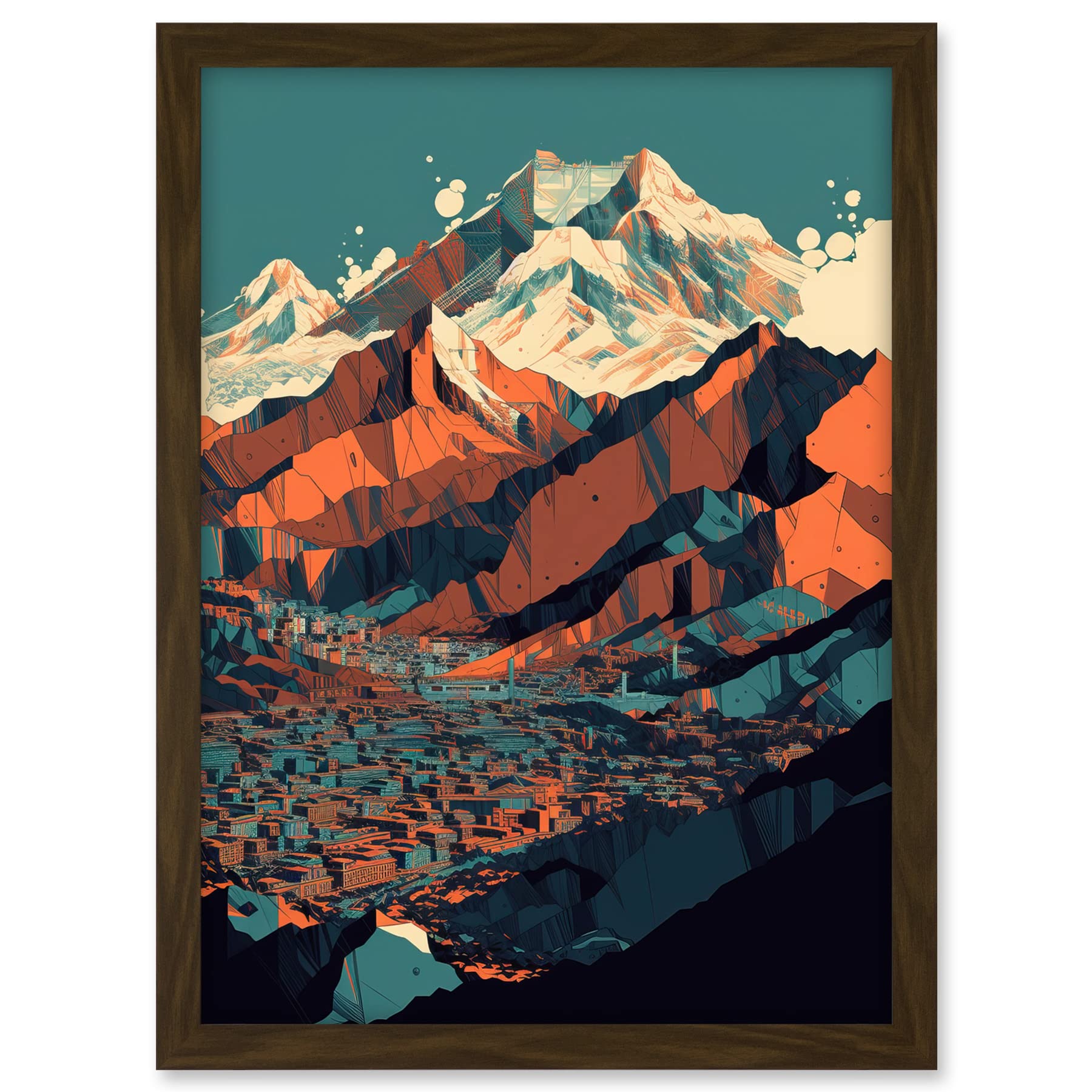 Artery8 Modern City Surrounded by Tall Mountains Landscape Artwork Framed A3 Wall Art Print