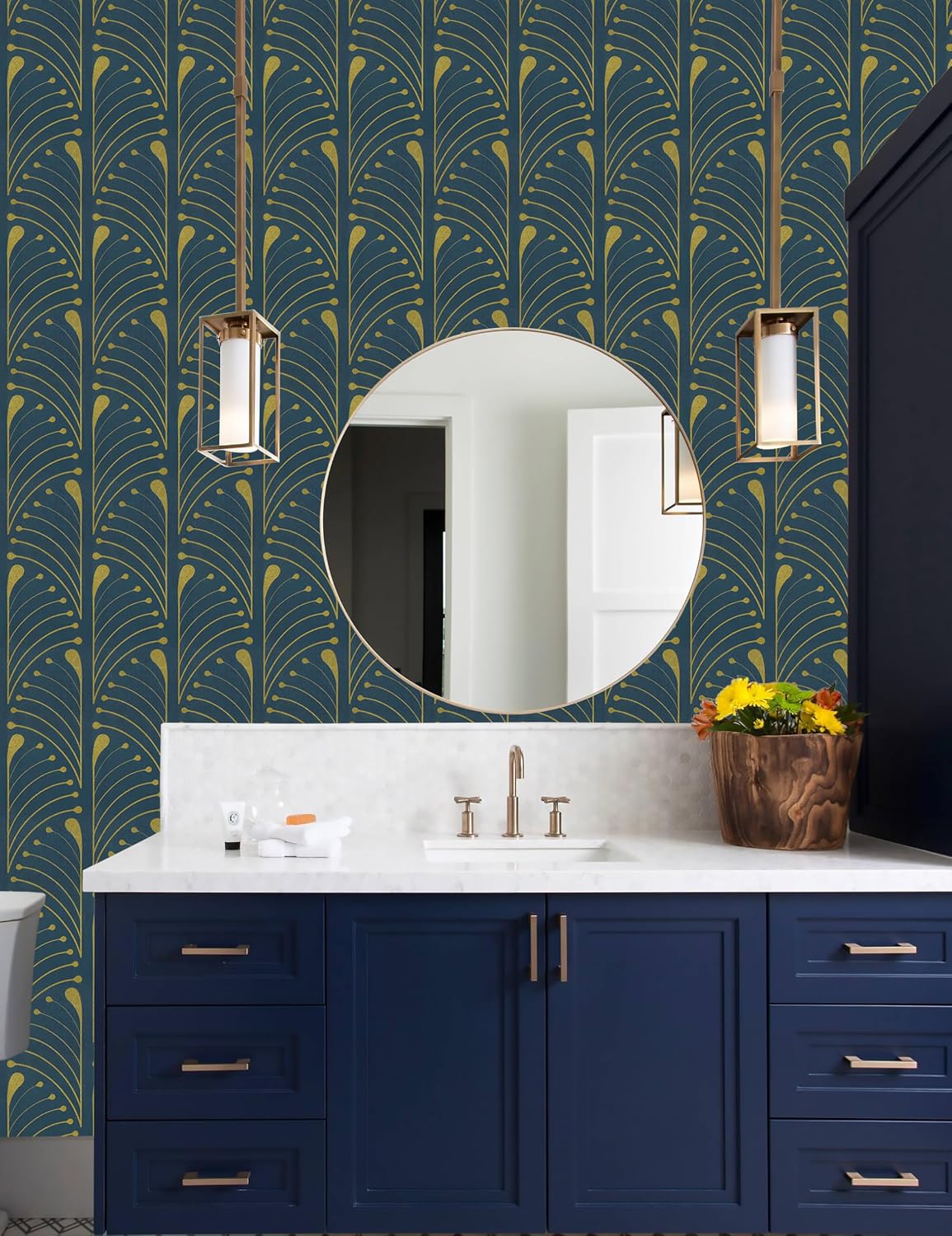 Peel and Stick Wallpaper Gold and Blue Stripe Contact Paper Geometric Self Adhesive Wallpaper Removable Contact Paper Decorative Walls Covering Vinyl Rolls 17.3''x393.7''