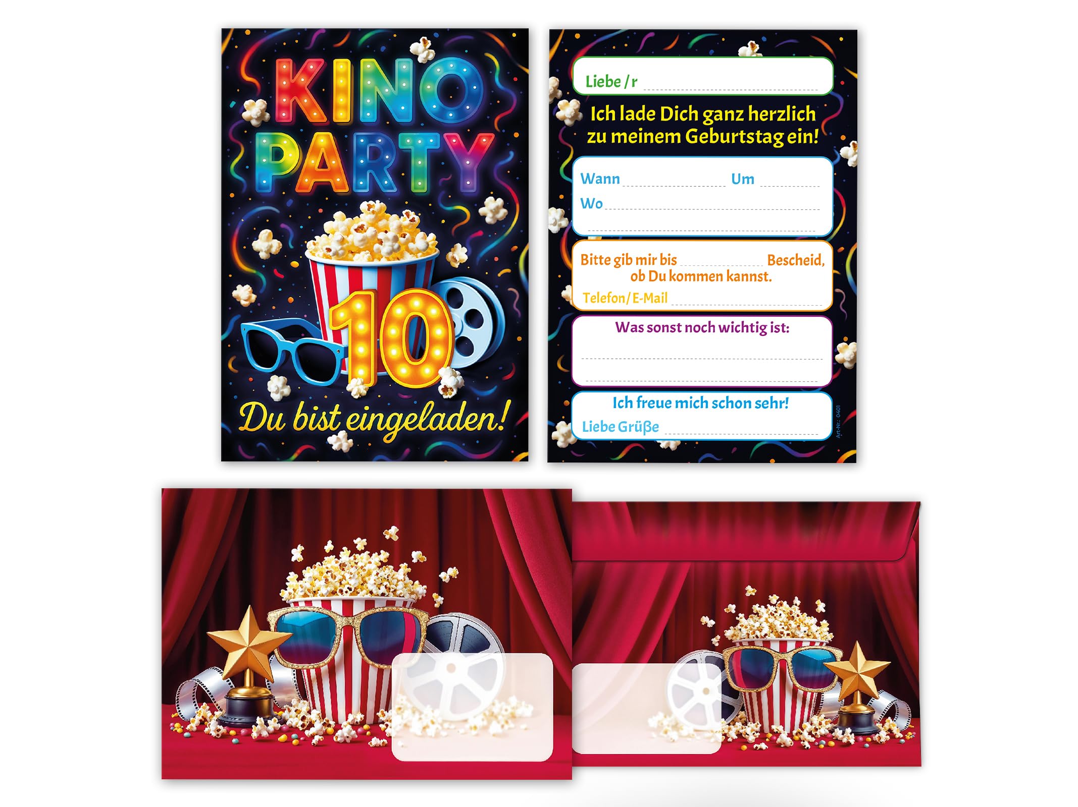 Junaversum 8 Einladungskarten inkl. 8 Umschläge zum 10. Kindergeburtstag Kino Party Mädchen Jungen bunt coole bunte Einladungen zehnte Geburtstag Geburtstagseinladungen Kids Kinogeburtstag