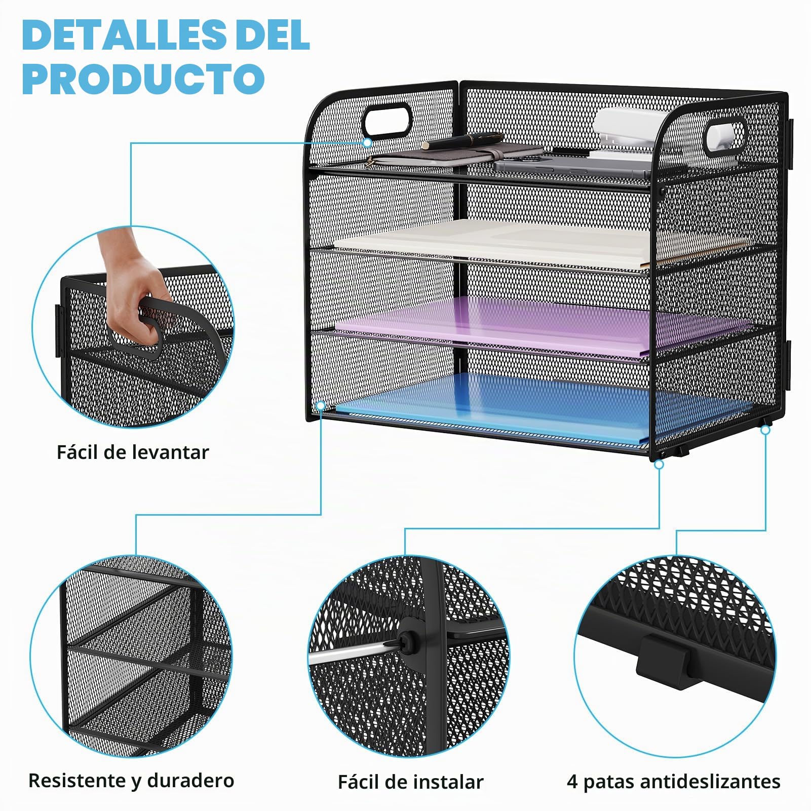 Marbrasse Bandejas de Escritorio Organizador,Bandeja de Papel de Carta de 4 Niveles con Asa,Bandeja de Malla para Escritorio Oficina Hogar A4 Archivo Almacenamiento de Documentos (Negro)