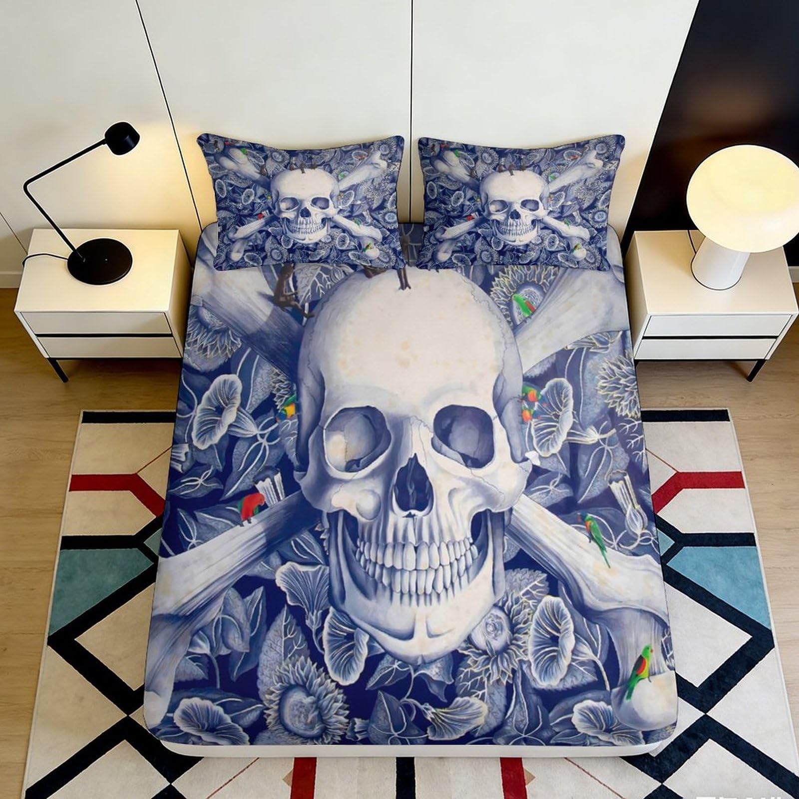 3D Printed Skull Crossbones Fitted Sheet Microfiber Durable Breathable Floral Pattern Bed Cover for Bedroom Dormitory Guest Room Mattress Protection 120x200x25cm