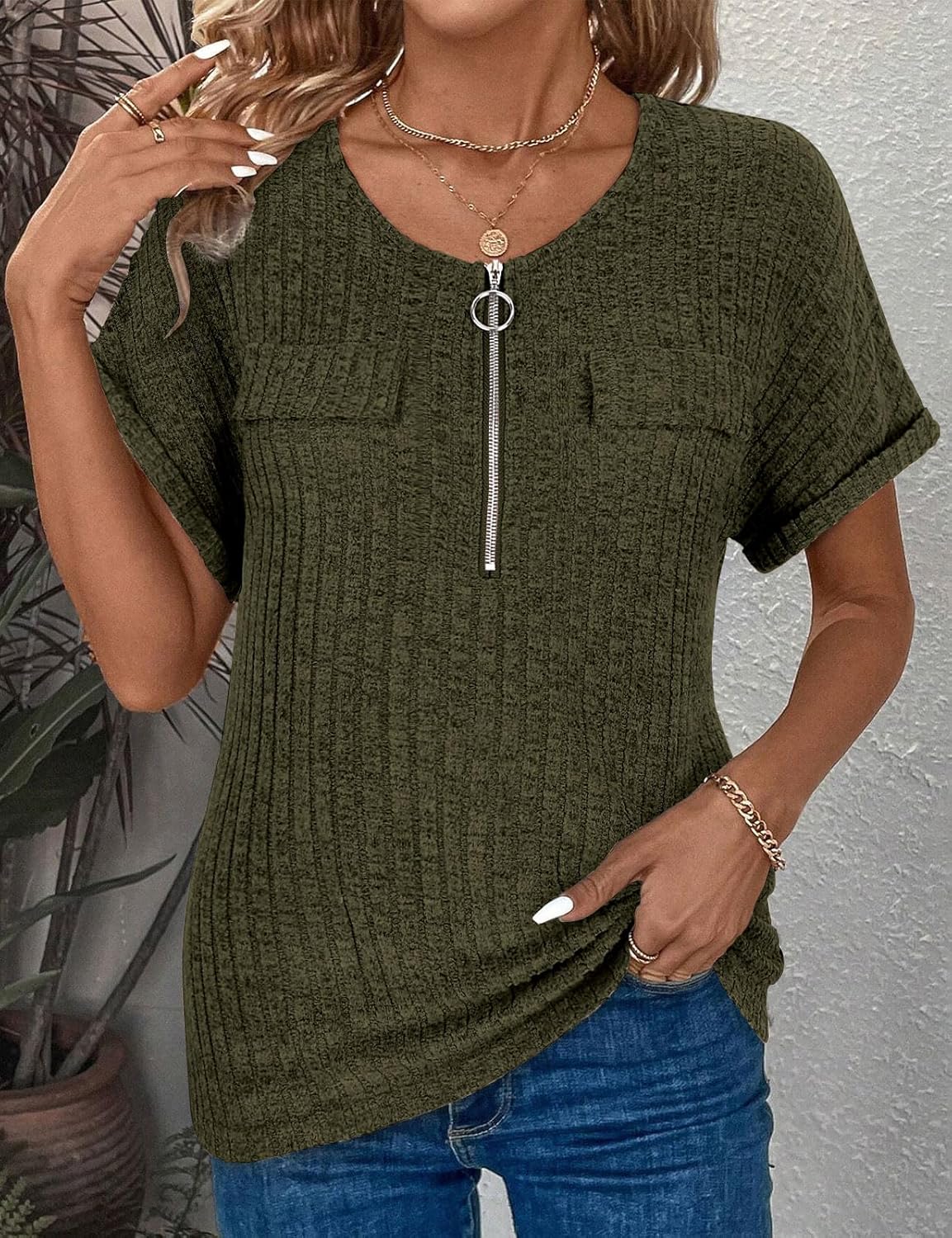 Viracy Womens Top Dressy Casual Short Sleeve Blouses V Neck Shirts 2025 Trendy Summer Fashion Loose Fit Zip-up Work Tops - Image 2