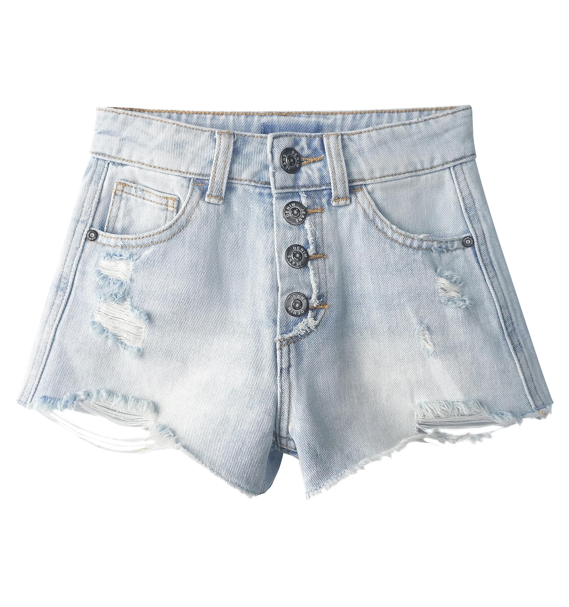 KIDSCOOL SPACE Piccoli Grandi Pantaloncini in Denim per Ragazze, Fascia Elastica Interna, Pantaloni Estivi in Denim con Taglio Alto e Orlo Grezzo