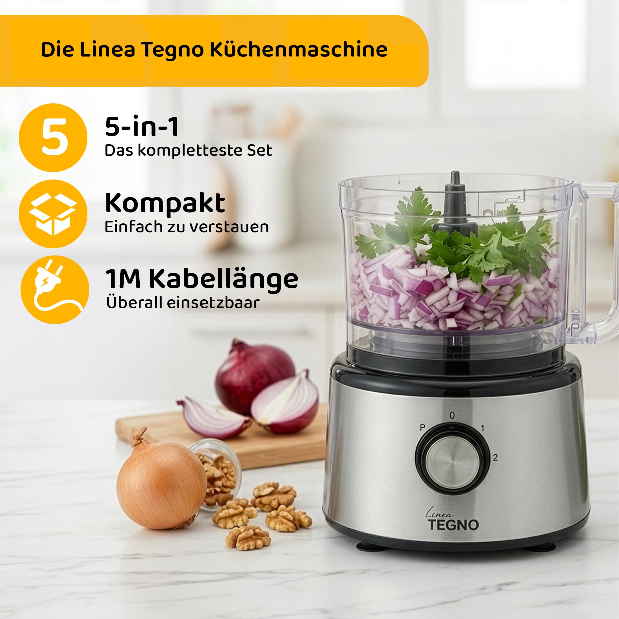 Food Processor - Linea Tegno – Multifunktionale 5-in-1 Küchenmaschine aus Edelstahl – Zum Hacken, Raspeln, Schneiden & Mixen – 2,3L Schüssel & 2,7L Standmixer, Zitruspresse – BPA-frei