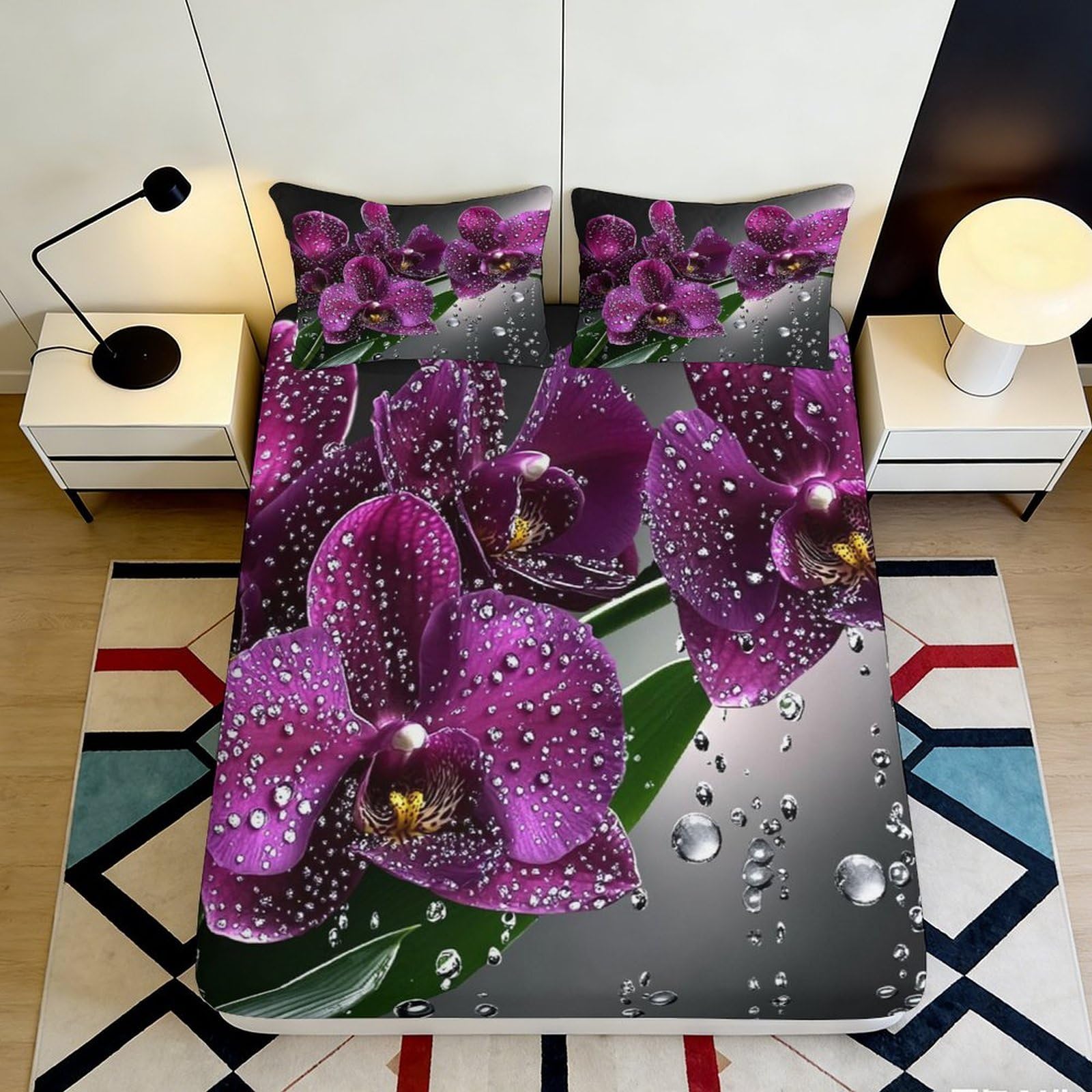 3D Printed Purple Orchid Fitted Sheet Microfiber Soft Decorative Water Droplets Bed Cover for Bedroom Guest Room 90x200x25cm