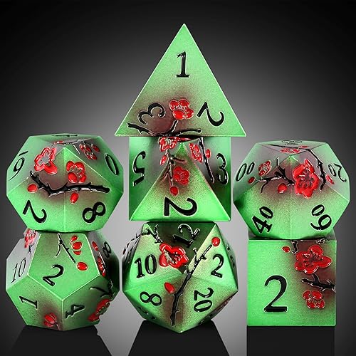 Miniatura 9 de DNDND - Juego de 7 dados de metal con purpurina color verde, juego de 7 dados metálicos para DND con caja de regalo para juego de mesa de Calabozos