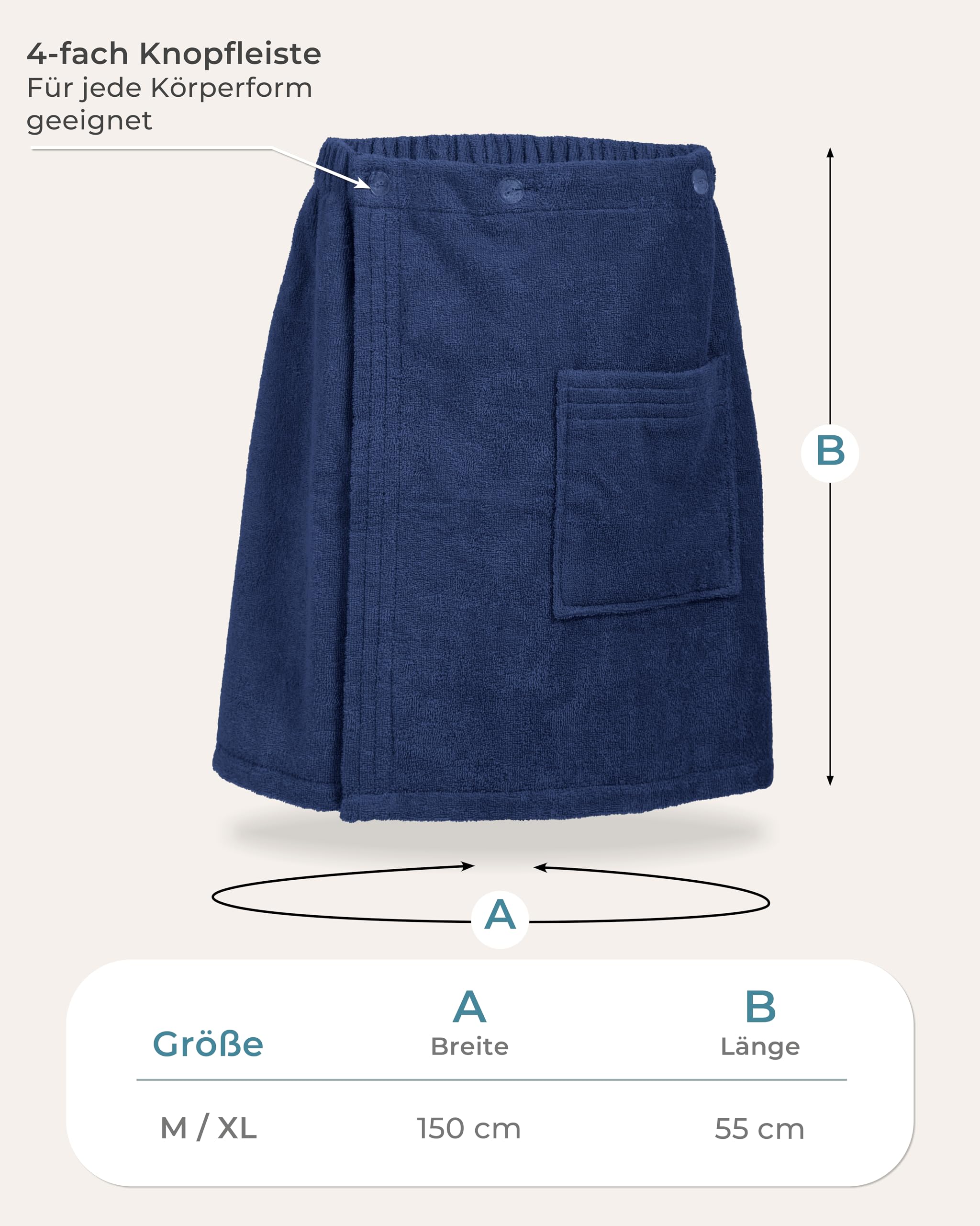 LAYNENBURG Męski kilt do sauny premium z zapięciem na guziki – 100% bawełna – Öko-Tex 100 – męski ręcznik do sauny – frotte, gumowy ściągacz do wellness, spa i sauny (M-XL ciemnoniebieski)