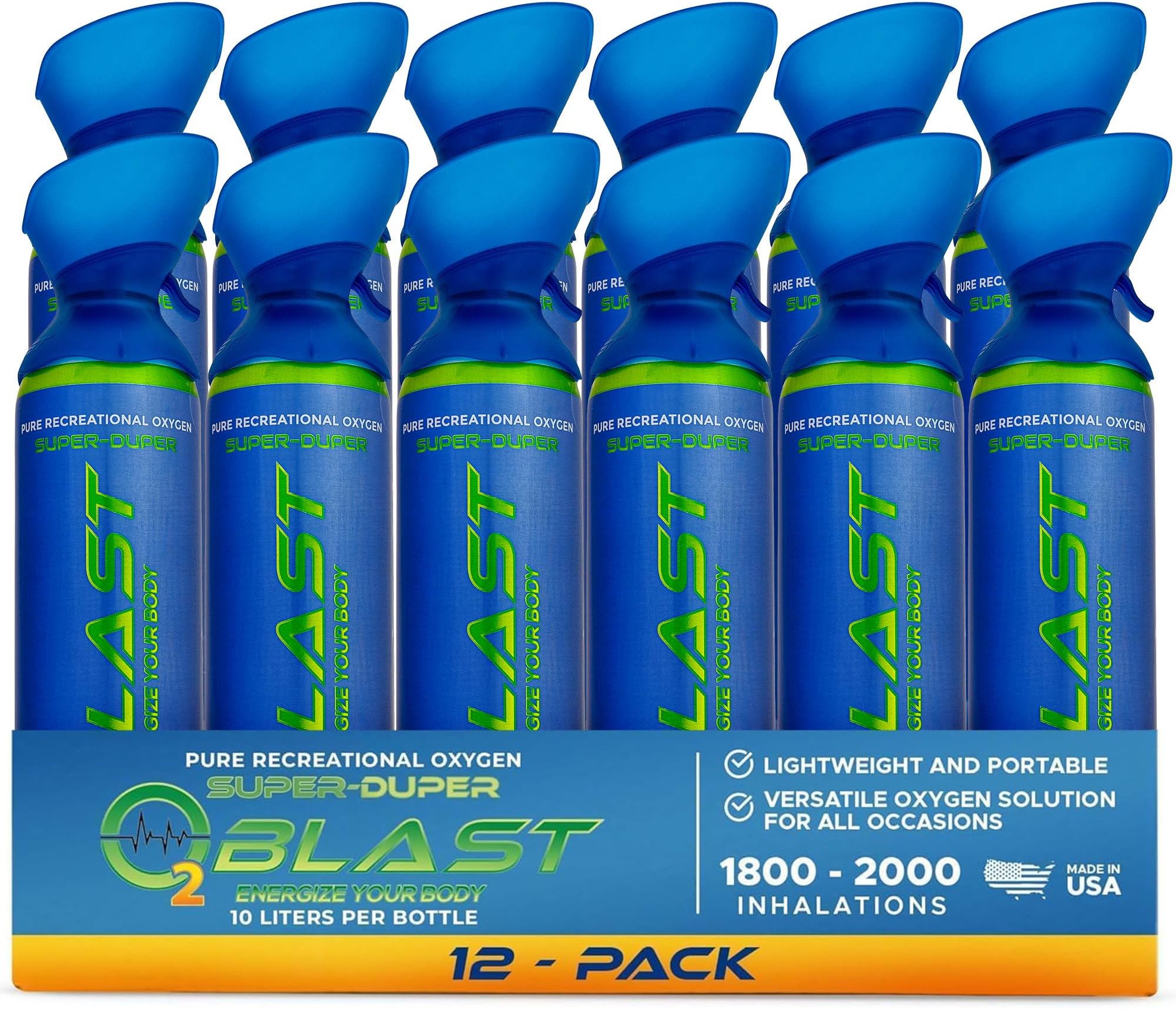 O2 Blast - Pure Oxygen Supplement, Portable Can Filled with 99.99% Pure Oxygen with Custom Breathing Mask, Energy, Performance, Fast Recovery Time, Ideal for High Altitude & Sports - 10L, 12-Pack