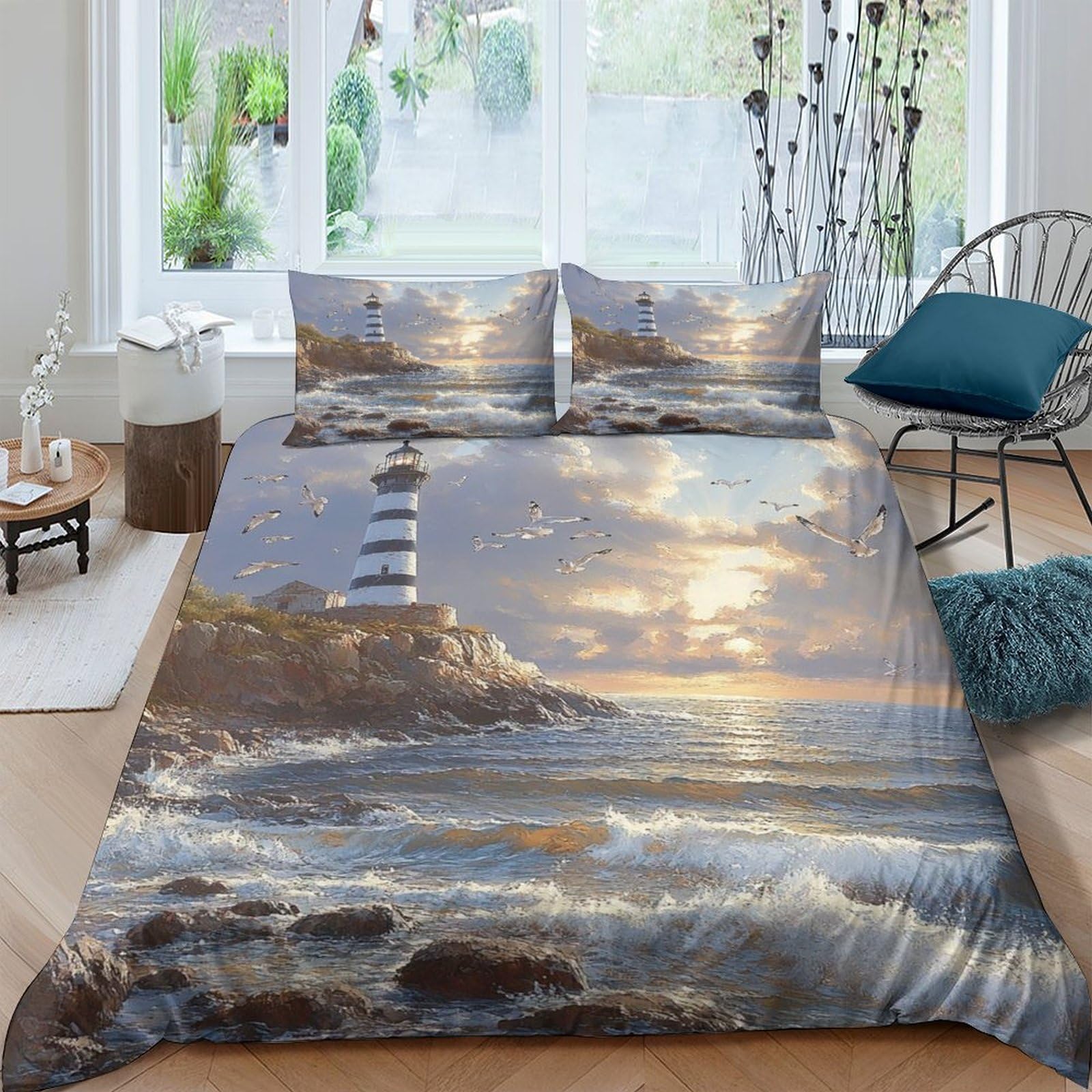 3D Print All Season Microfiber Lighthouse by sea Bed Quilt Cover Easy Care Bedding Set with Pillow Shams Coastal sunset paint Duvet Cover Set Breathable Washable for Teens Adults Single（135x200cm）