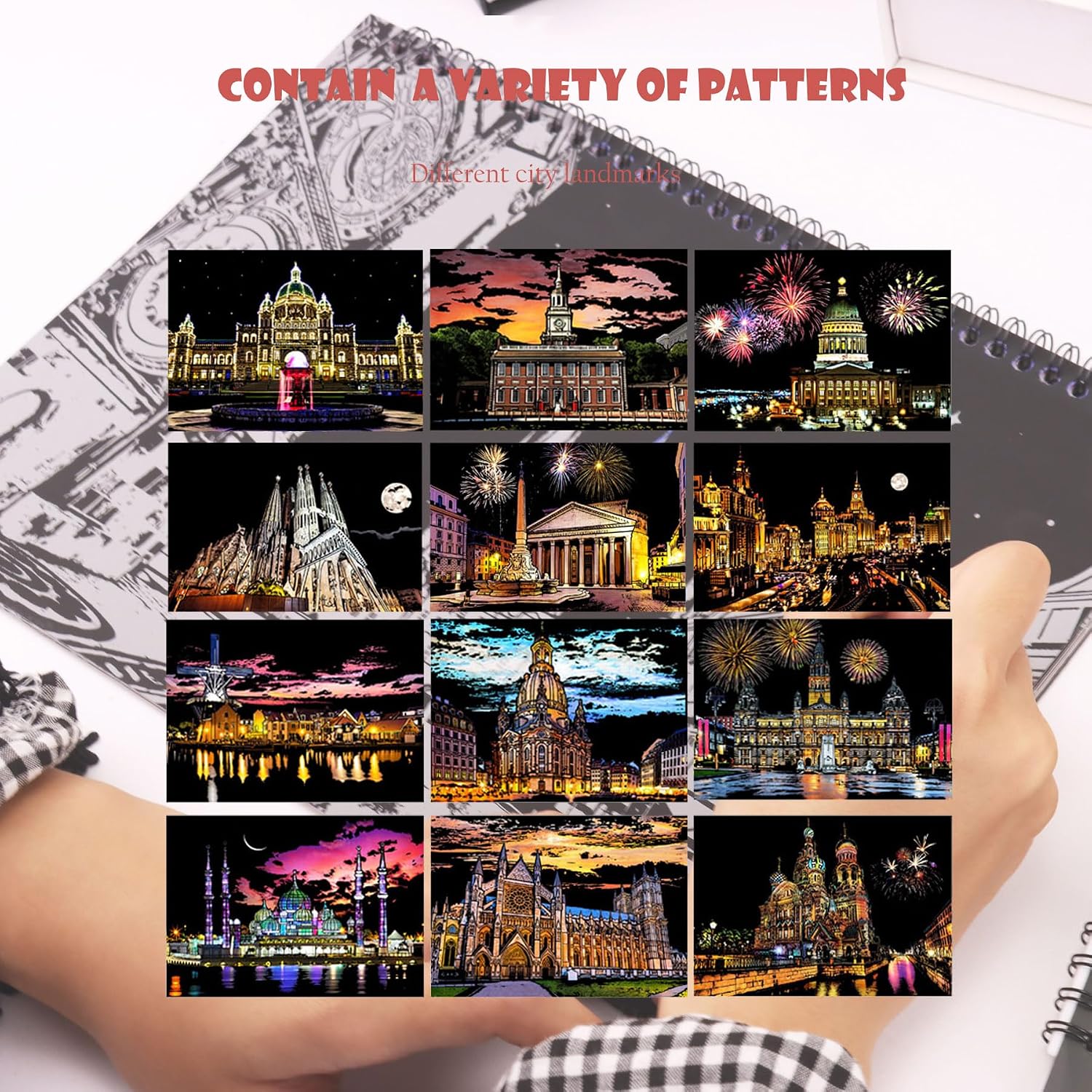 Scratch Art Book for Adults - 12PCS Scratch Painting Foil Art for Adults Scratch City Series Books Foil Engraving Scratch Art Adult Set with 6 Tools thumbnail