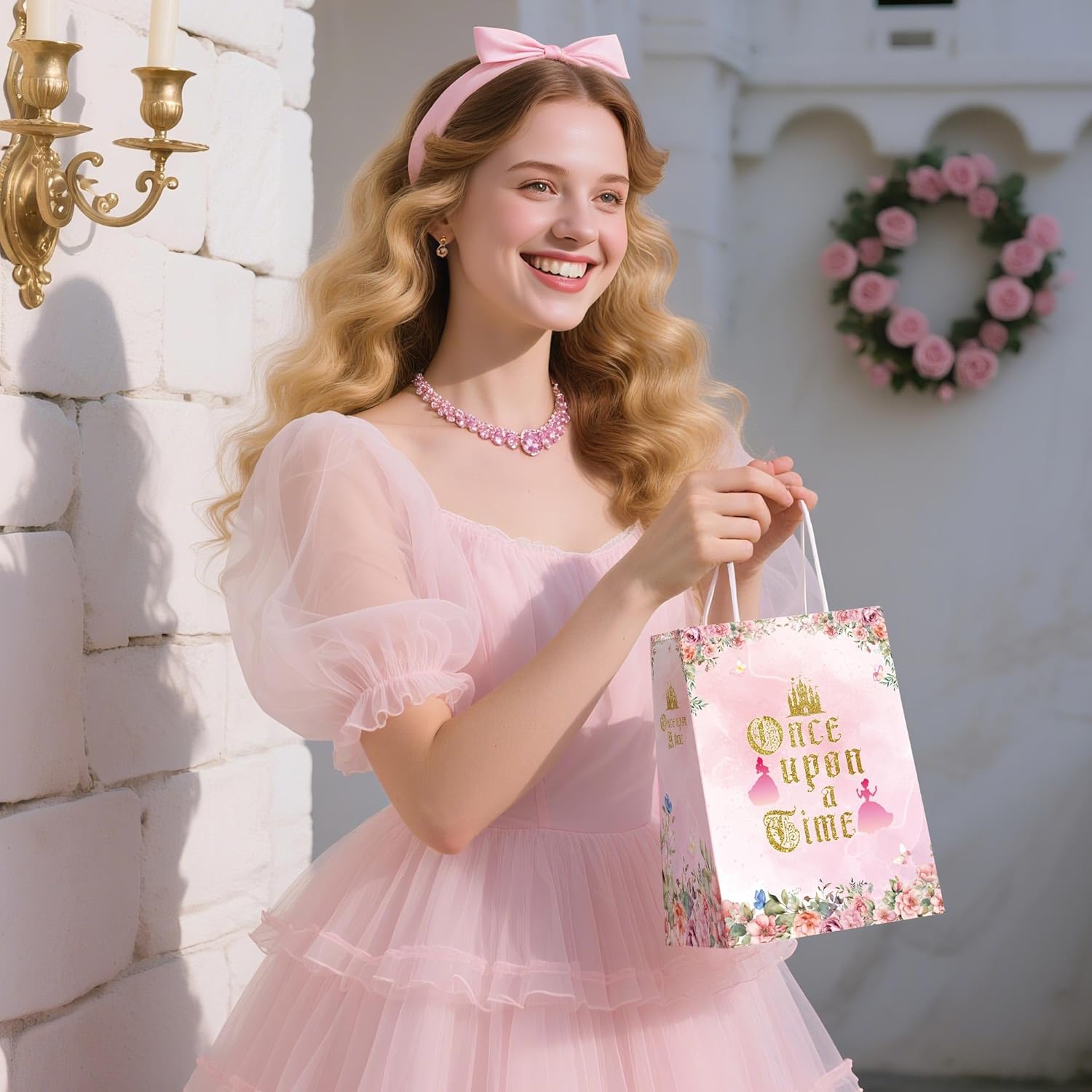 MOIZYNG 16 Pcs Once Upon a Time Princess Party Favor Bags, Pink Floral Gold Castle Goodie Snacks Candy Treat Gift Bag with Tissue Paper for Girls Birthday Wedding Fairytale Party Supplies Decorations - Image 6
