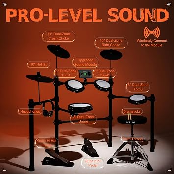 AKLOT Multi-Zone Electric Drum Set: 4 Dual-Trigger Quiet Mesh Drums, 360 Sounds, 10 User Kits, Cymbals with Choke, Electronic Drum Set with Throne, Headphones, Lesson Book for Beginner (B-CORE530Pro)