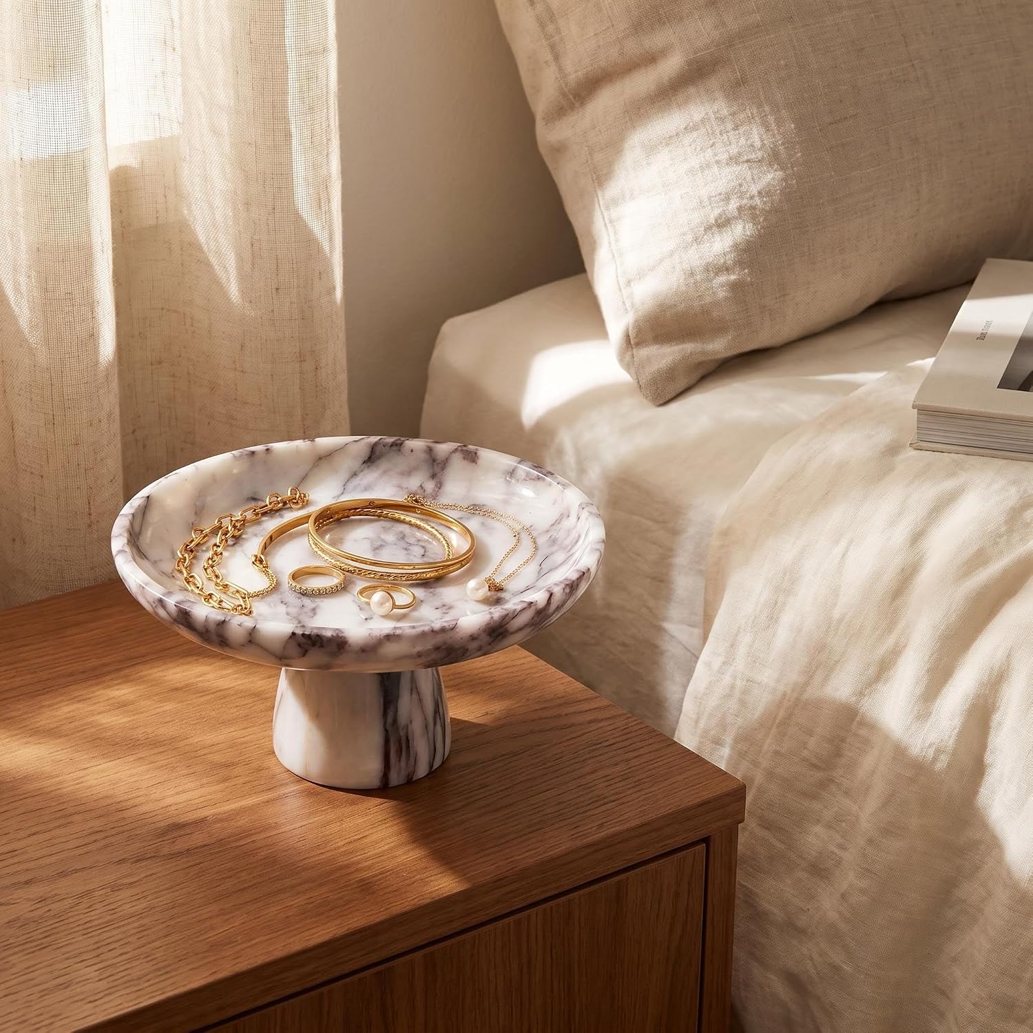 Ignifluence Calacatta Viola Marble Fruit Bowl, Pedestal Decorative Bowl