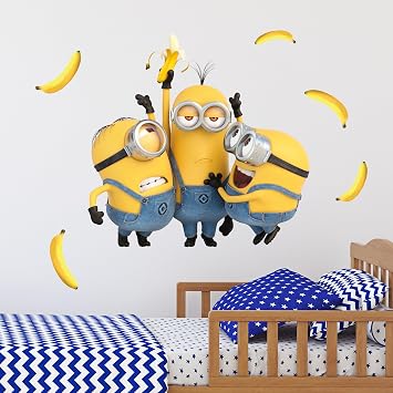Despicable Me Minions Wall Decals - Bob, Kevin, Stuart Bananas Vinyl Wall Stickers Bedroom Decorations - Peel and Stick Room Decor