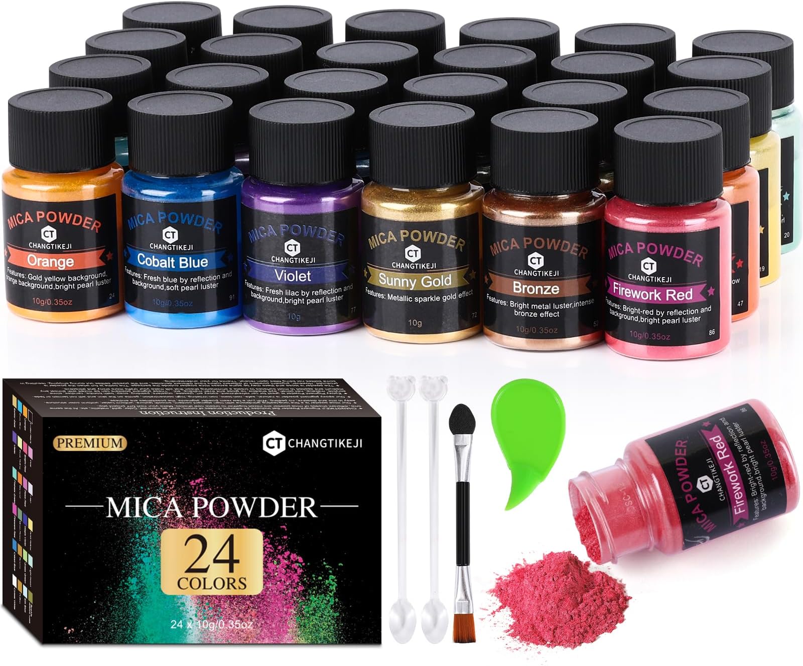 Mica Powder，24 Colors - 10g/Bottle of Natural Pigment Powder for Epoxy Resin，Soap Making，Candle Making,Lip Gloss,Car Freshies,Dye,Nail Polish,Bath Bombs