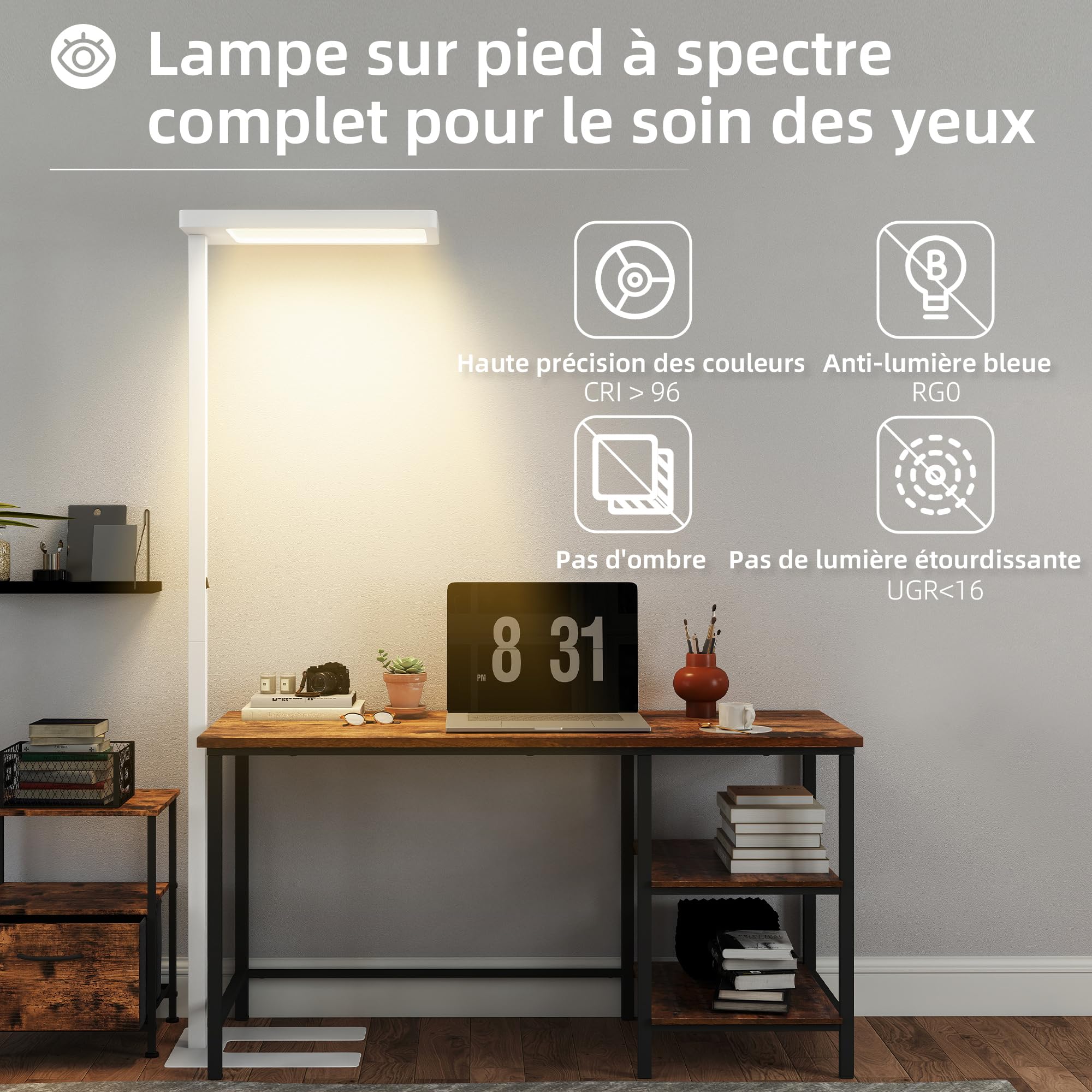 HOMCOM Lampada da terra, soggiorno, 1560 LM 40W, dimmerabile 196 cm lampada da terra LED a spettro completo per la cura degli occhi, luce notturna e telecomando, temperatura di colore regolabile
