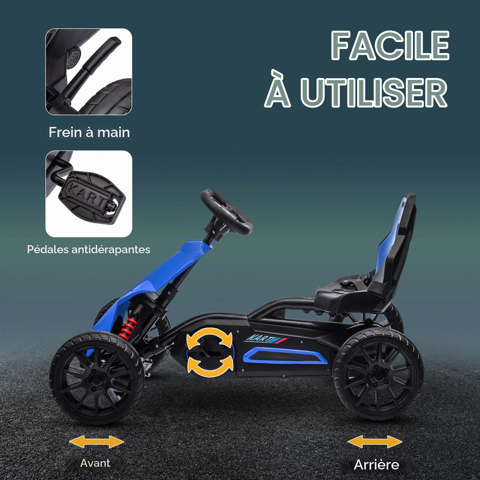 HOMCOM Kart pédales Enfant Voiture Course siège réglable Frein Main Bleu