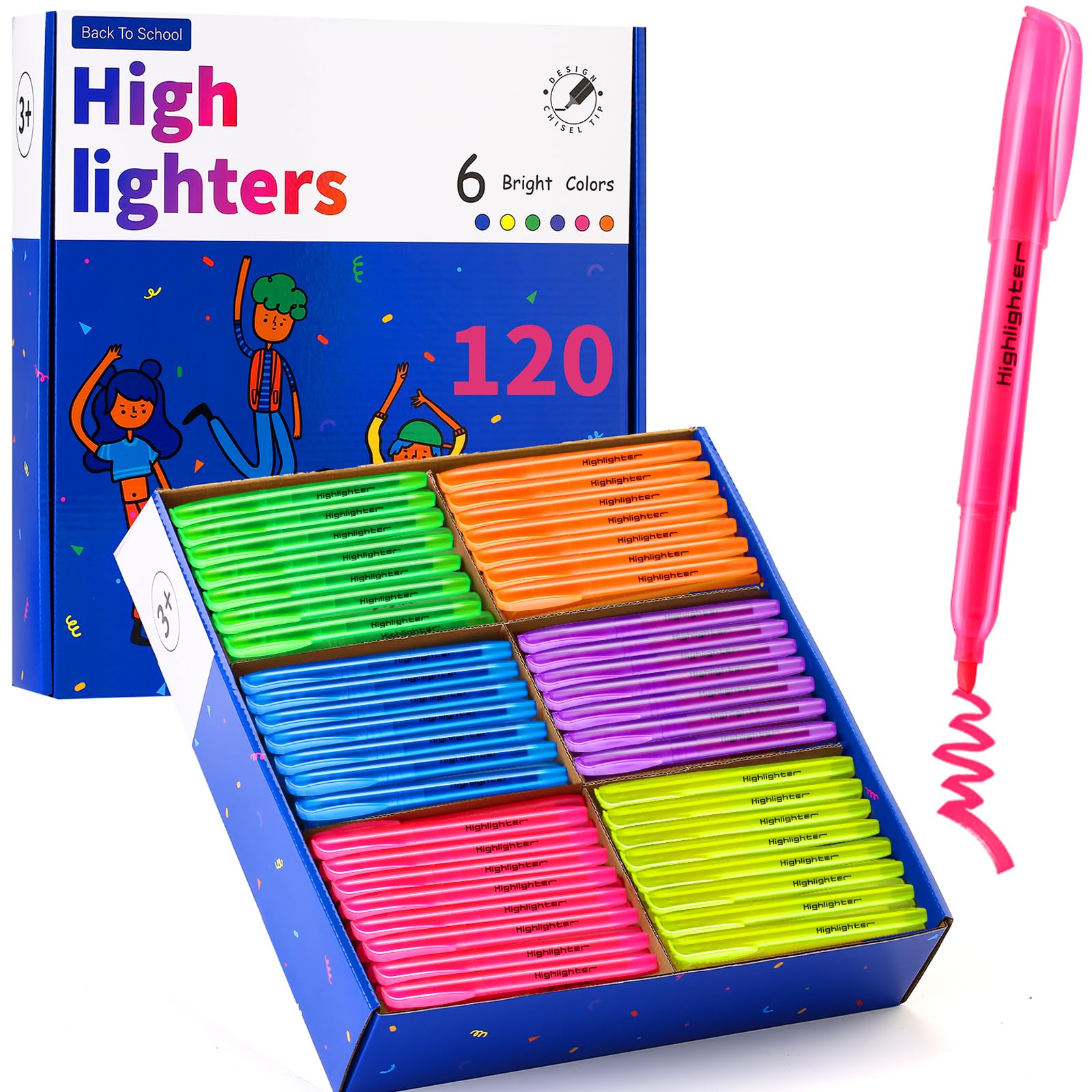 Highlighters Assorted Colors, 120 Pack Highlighters Bulk : No Bleed & Dry-Quickly, Highlighter Set : Chisel Tip & 6 Bright Colors, Highlighter Markers for school | college | office supplies