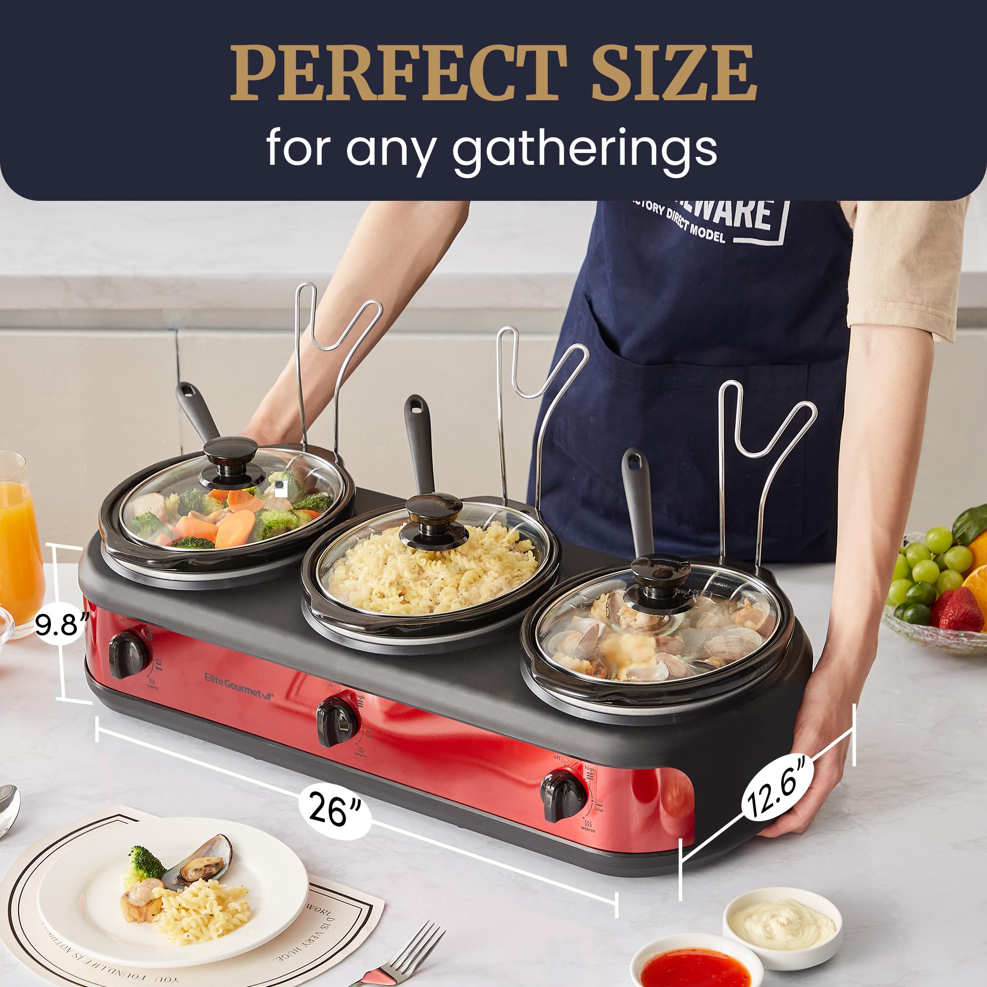 Elite Platinum EWMST-325R Maxi-Matic - Olla de cocción lenta triple para buffet, temperatura ajustable, apto para lavavajillas, ovaladas, reposapas, capacidad de 3 x 2.5 cuartos de galón, color rojo