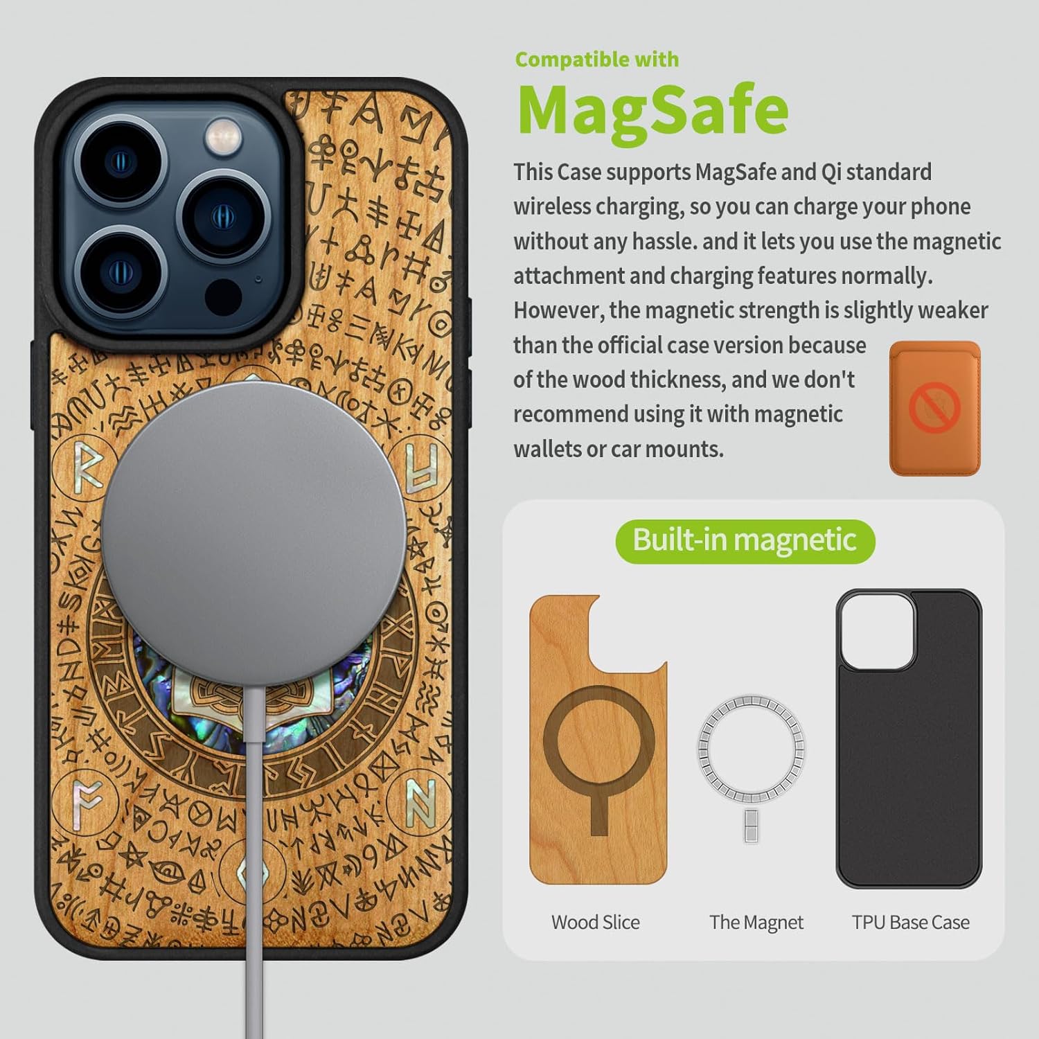 Carveit Wooden Case for iPhone 15 Pro Magnetic Case, Compatible with MagSafe Wireless Chargers, Shockproof Cover, Handmade Shell Inlaid & Wood Artisan Engraved (Thors Hammer) Cherry