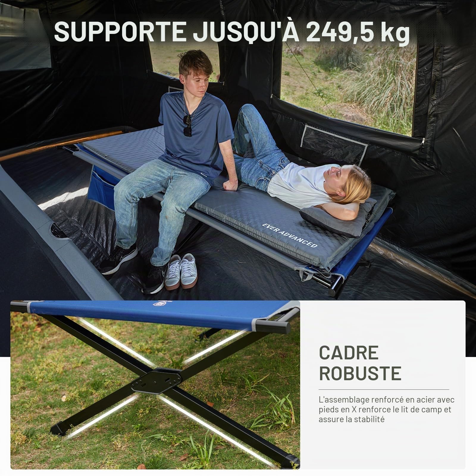 EVER ADVANCED Lit de Camp Pliant XXL avec capacité de Charge de 300 kg | Lit pliant Grand & Large 214 cm x 106 cm Lit de camping robuste pour camping, voyages, intérieur, extérieur, plage et jardin