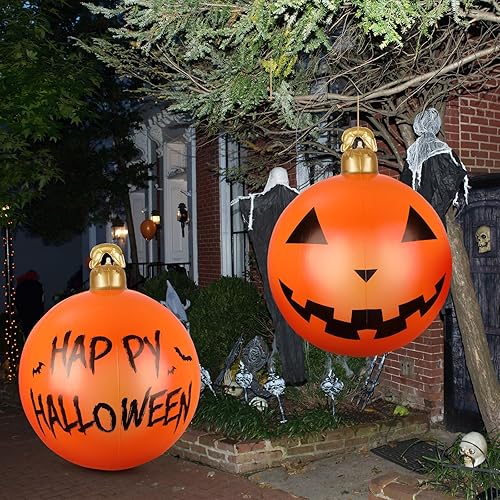 Miniatura 6 de Jetec 2 piezas inflables de Halloween de 24 pulgadas, decoración al aire libre de PVC colgante de calabaza gigante para árbol, feliz Halloween,
