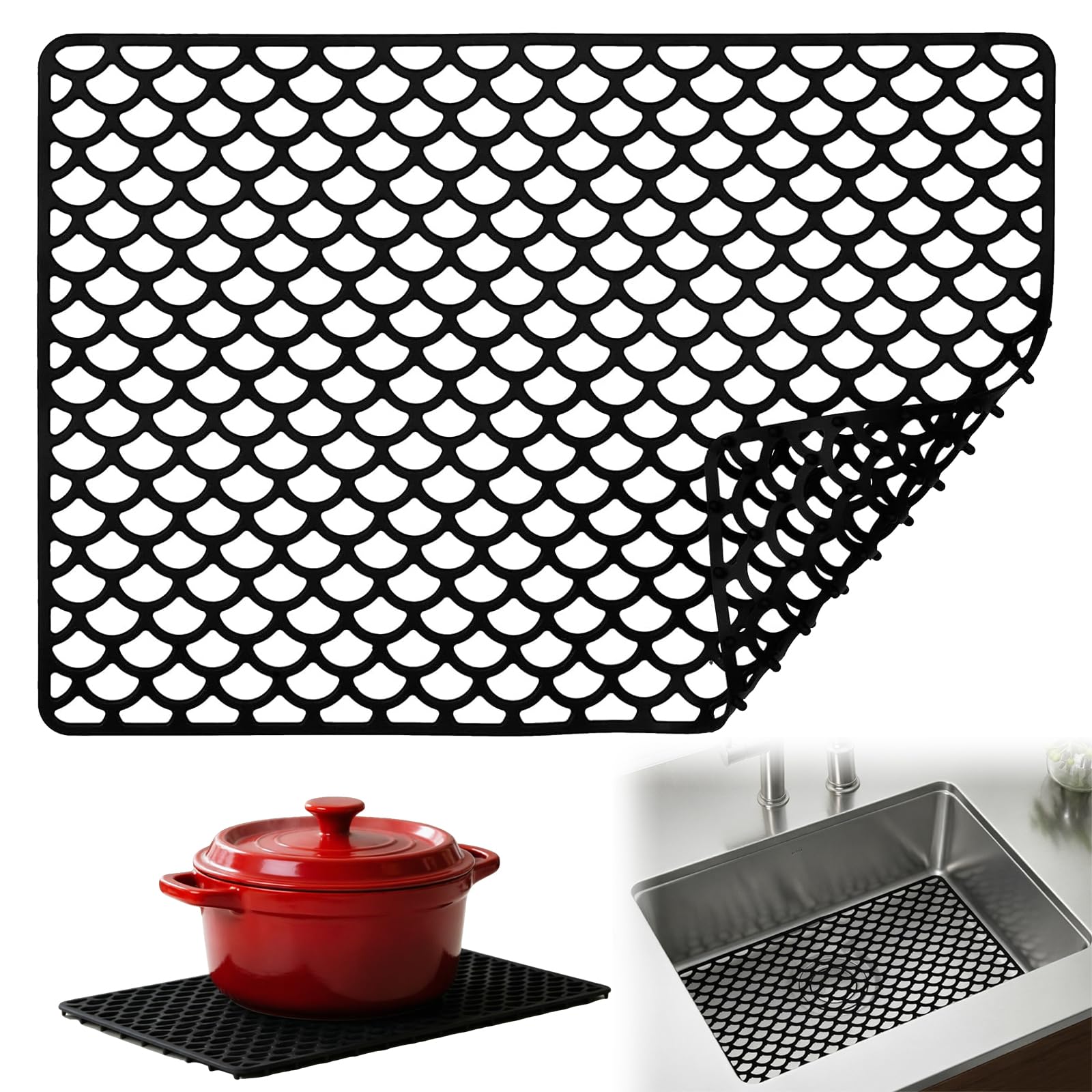 Silicone Sink Mat 46x31.7cm, Kitchen Sink Protector Heat Resistant 230°C, Food Grade Silicone Kitchen Mat, Non-Slip Drain Mat Raised Feet for Sink Bottom, Dish Drying & Countertop Protection