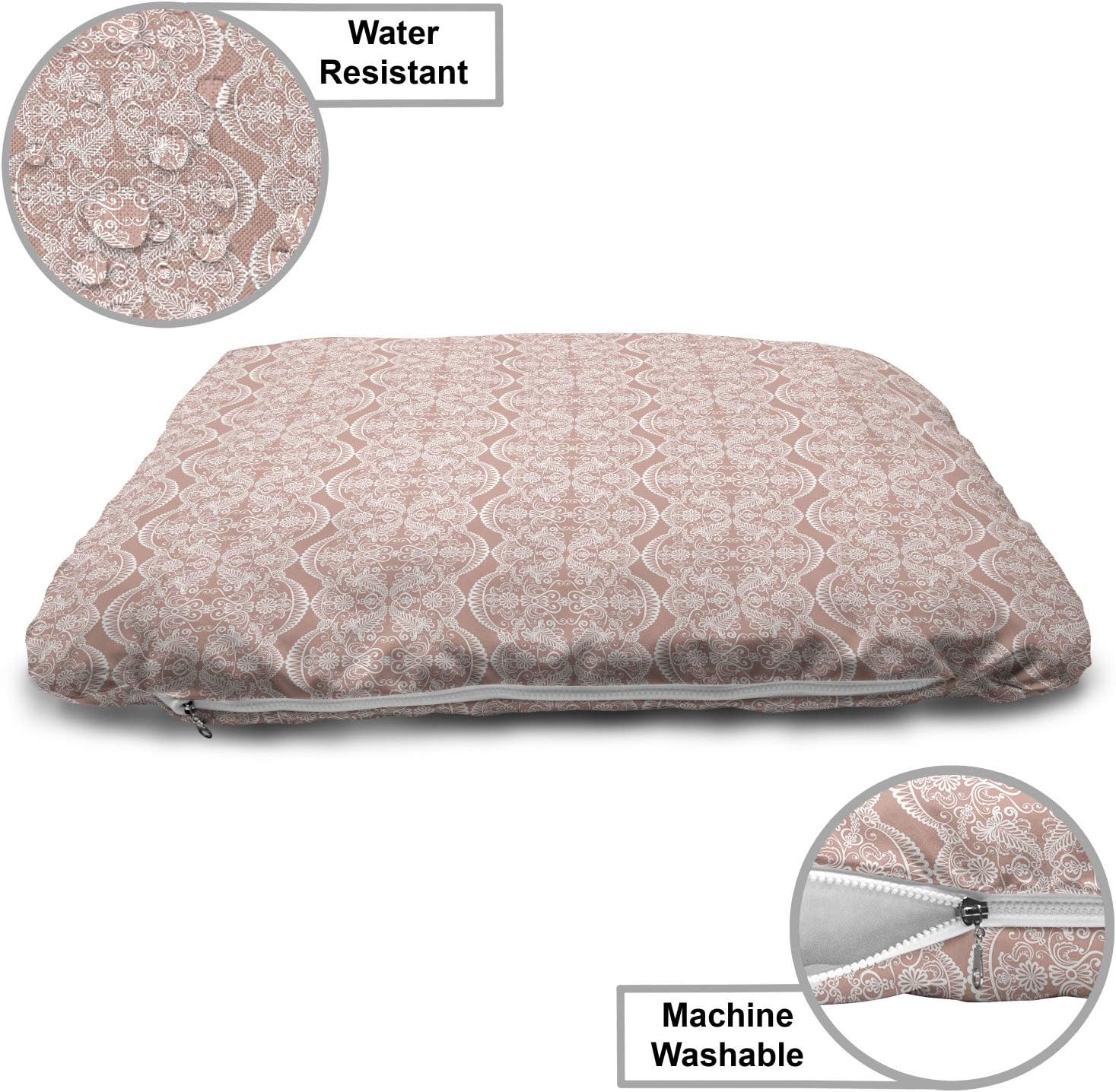 review Lunarable Peach Pink Pet Bed, Lace Looking Like Geometrical Abstract Vertical Arranged Romantic Retro Motifs, Chew Resistant Pad for Dogs and Cats Cushion with Removable Cover, 24