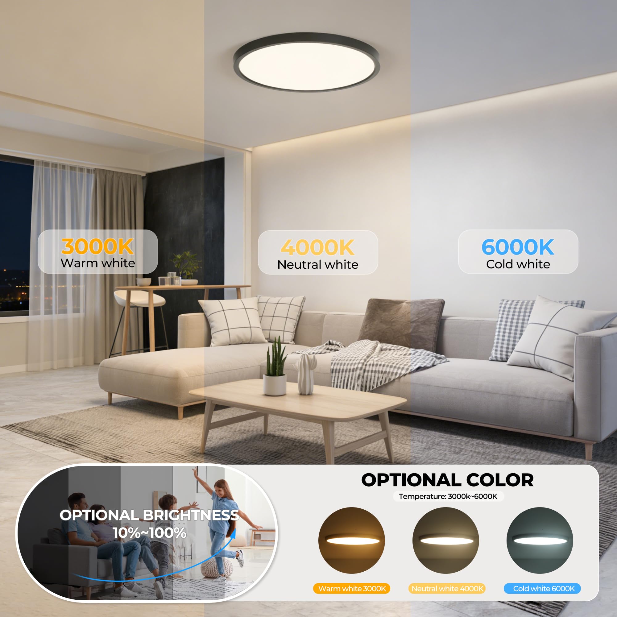OTREN Lampa sufitowa LED do ściemniania, 48 W, 4800 lm, z pilotem, trybem nocnym i funkcją pamięci, 3000 K–6500K, wodoodporna IP44, do łazienki, salonu, kuchni i sypialni, 40 cm