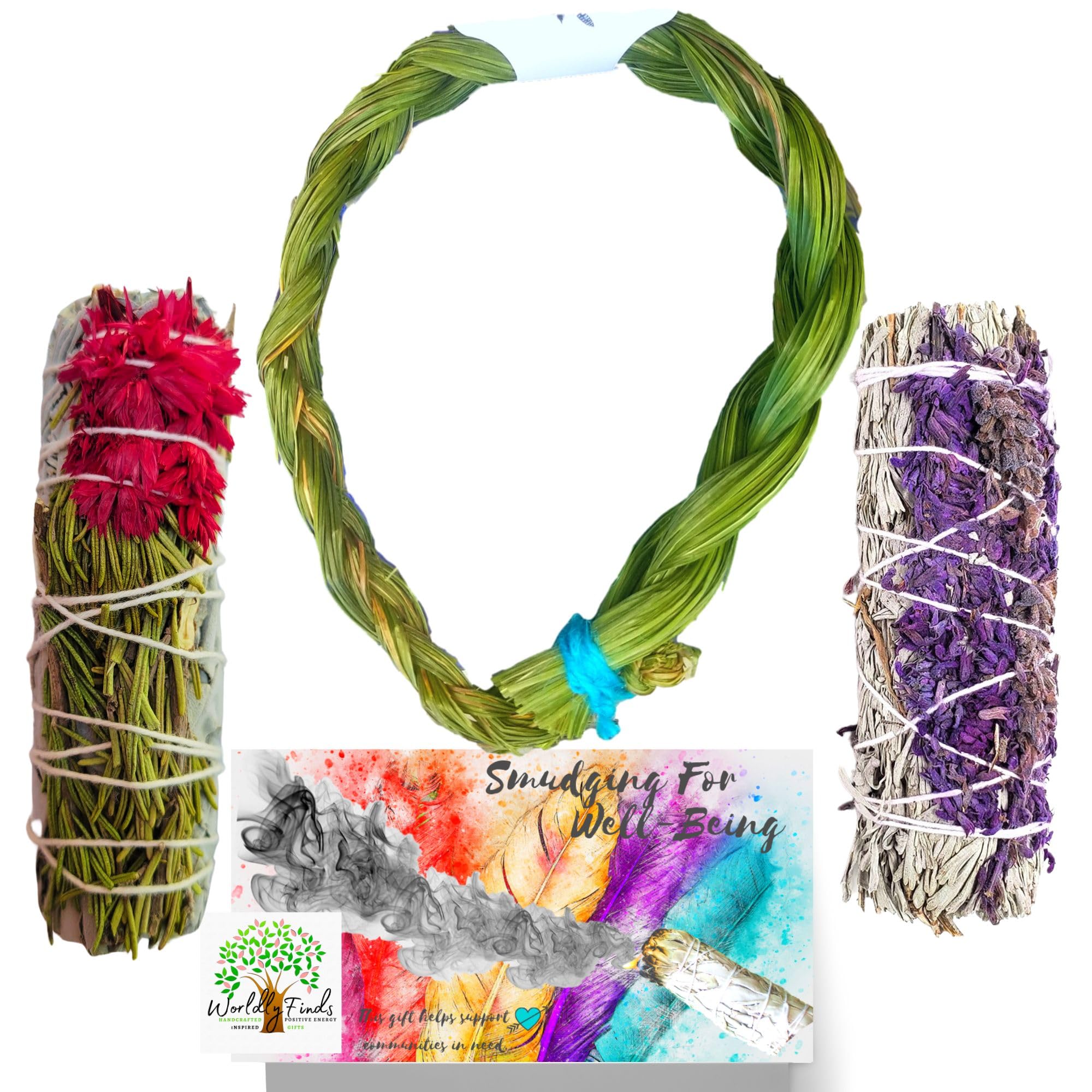 Worldly Finds Sweet Grass Braided 12” & Sage Smudge Sticks Variety Set – Sweetgrass, Rosemary & White Sage, Lavender/Blue/Yerba Santa for Cleansing, Smudging (Rosemary White Sage & Lavender Blue)