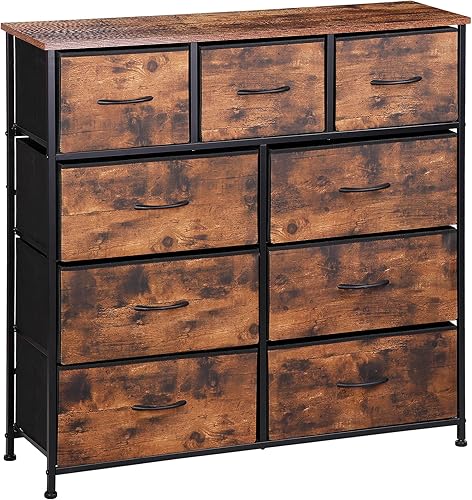 Cómoda de 9 cajones para dormitorio, torre de almacenamiento con marco de acero y parte superior de madera, organizador de pecho alto para armario,